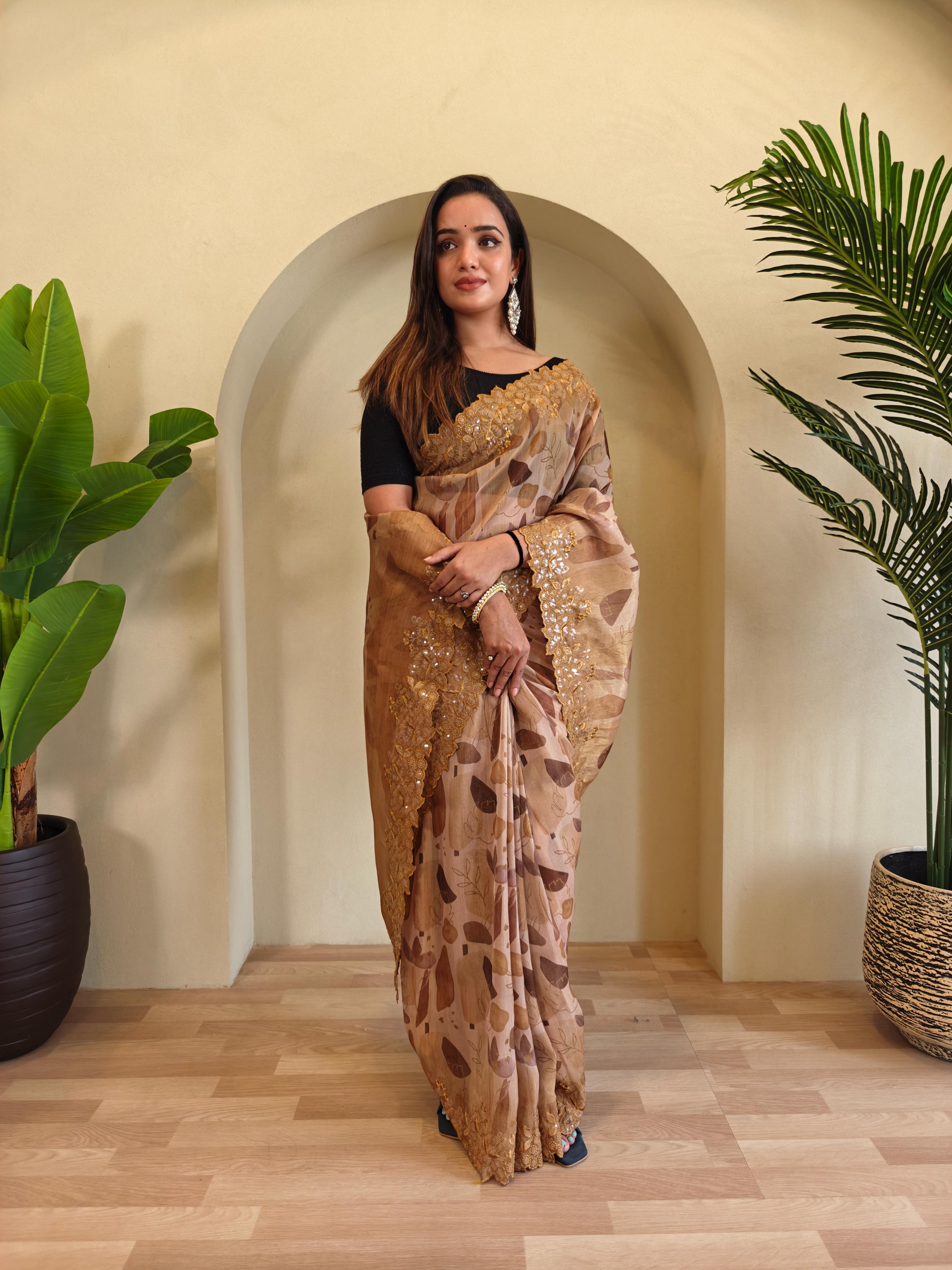 Casual Wear Brown Color Digital Print Organza Saree