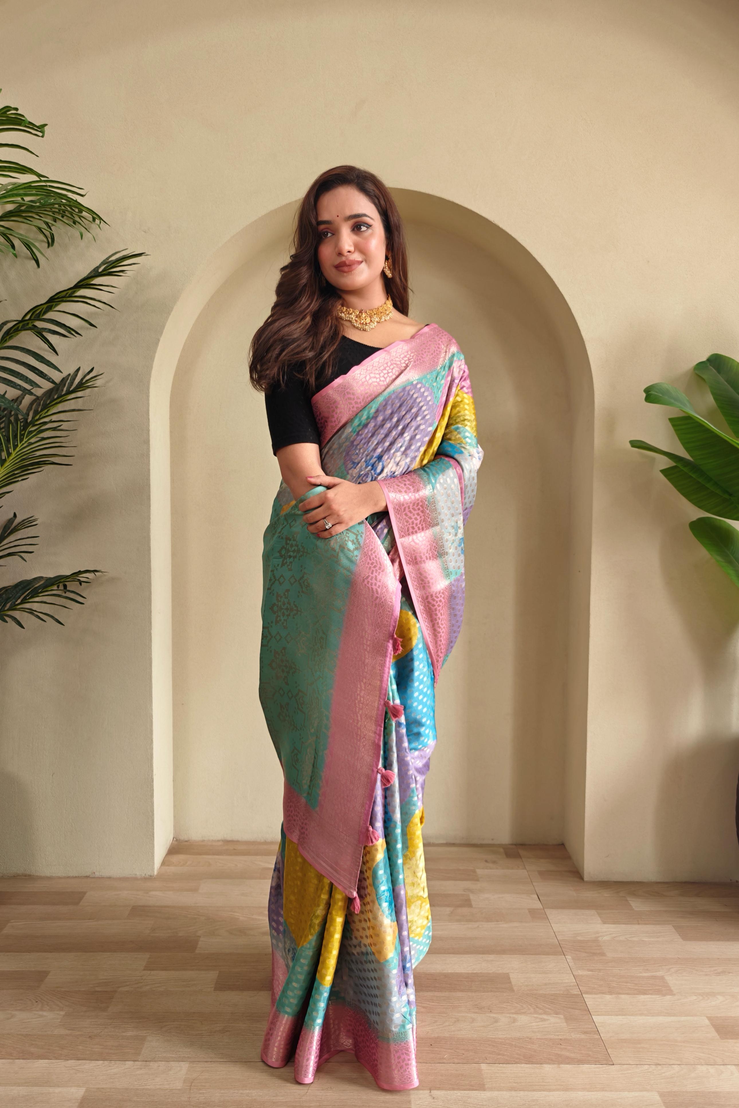 Multi Color Design Beautiful Print Pink Color Saree