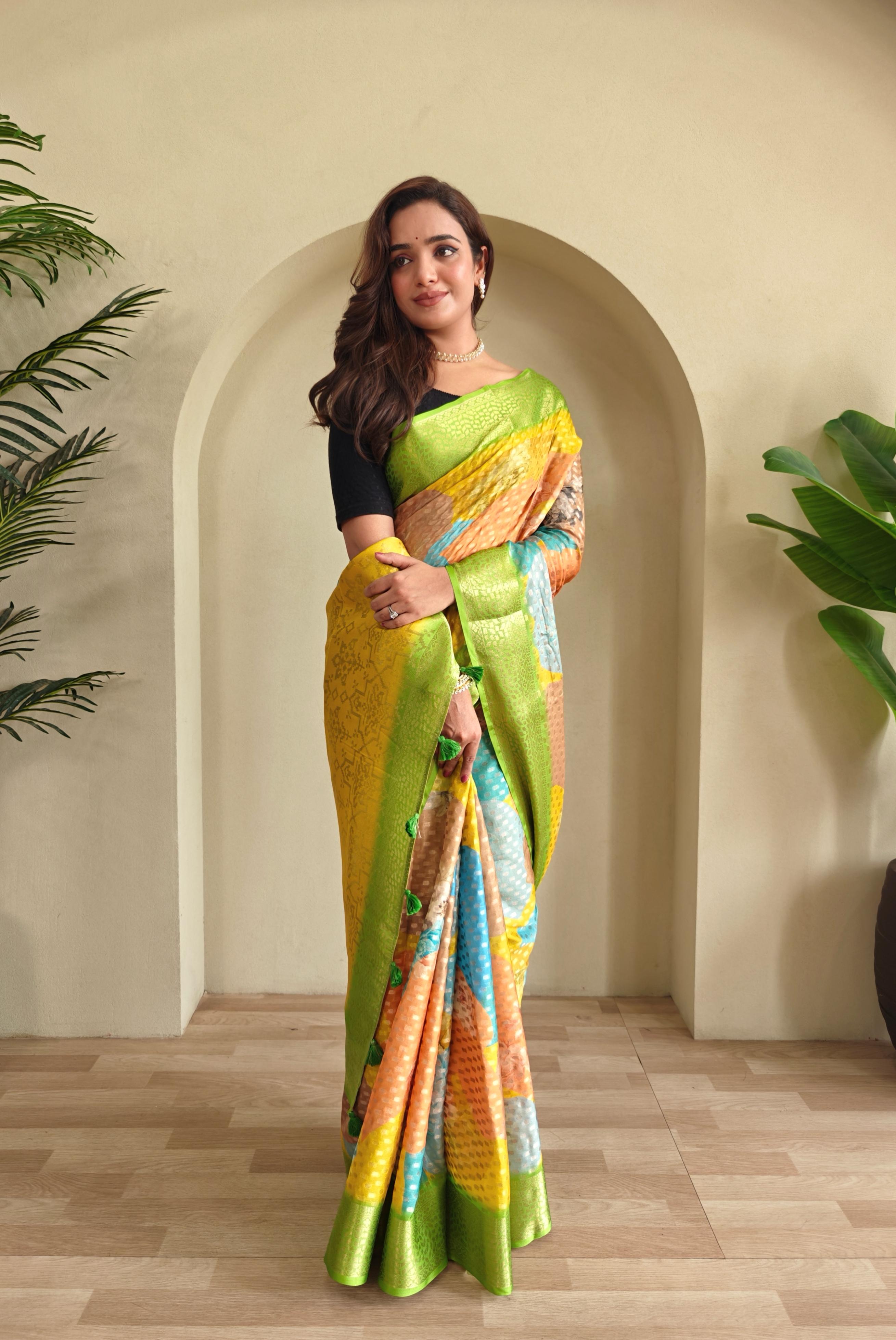 Multi Color Design Beautiful Print Green Color Saree