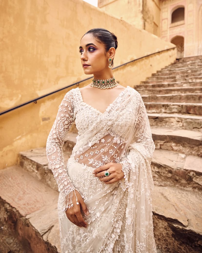 Captivating Embroidery Work White Color Designer Saree