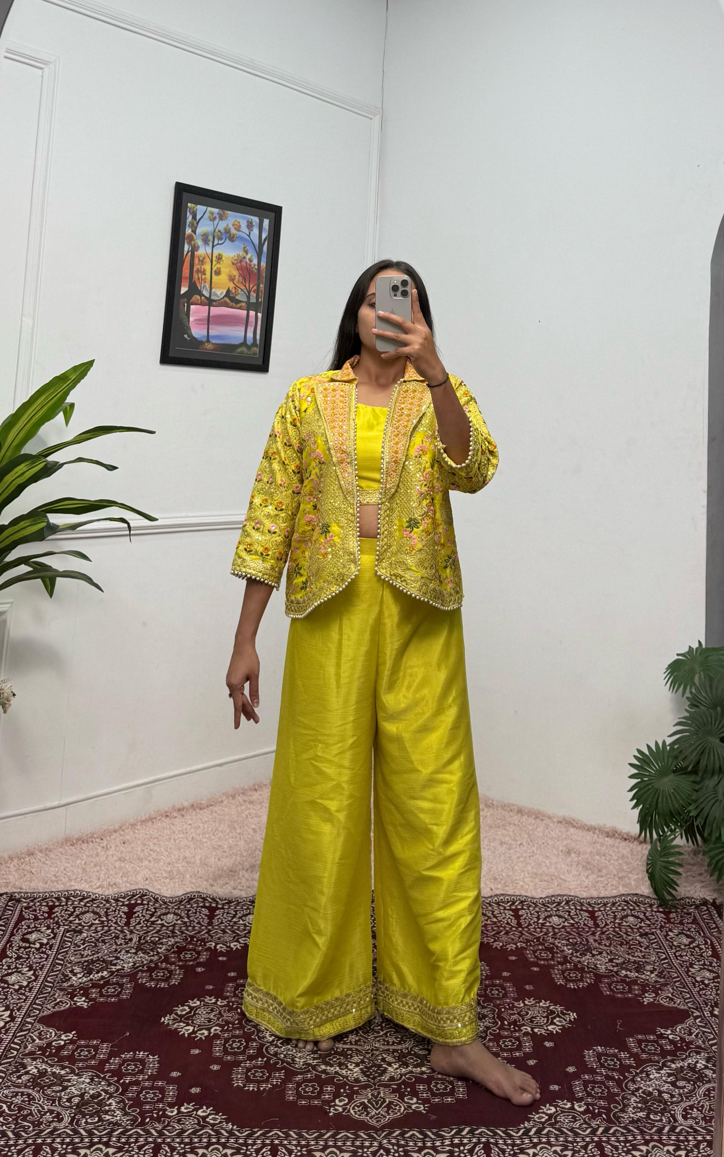 Flattering Chinon Lemon Color Palazzo Top With Koti