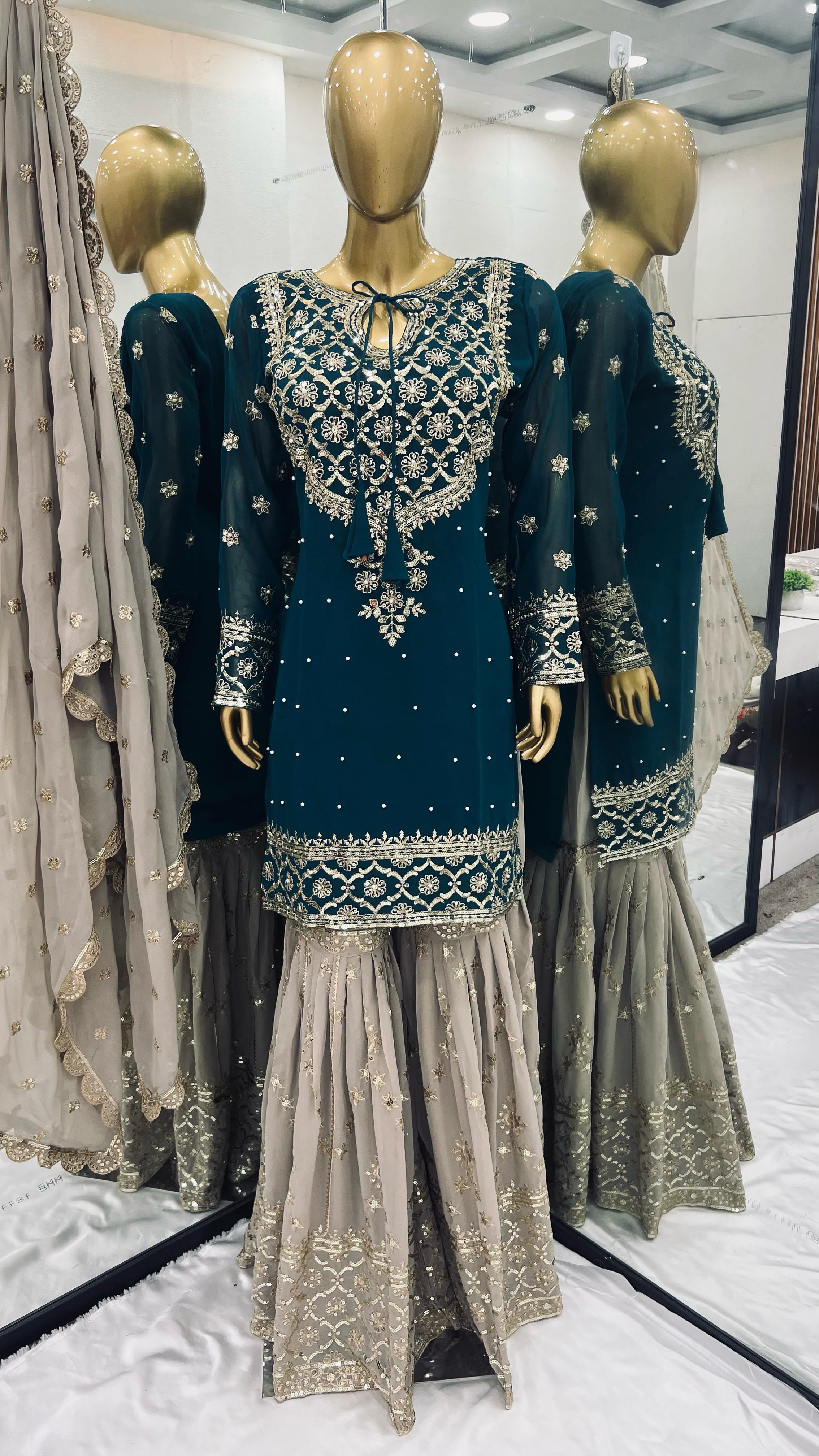 Presenting Embroidery Sequence Work Teal Green Color Sharara Suit