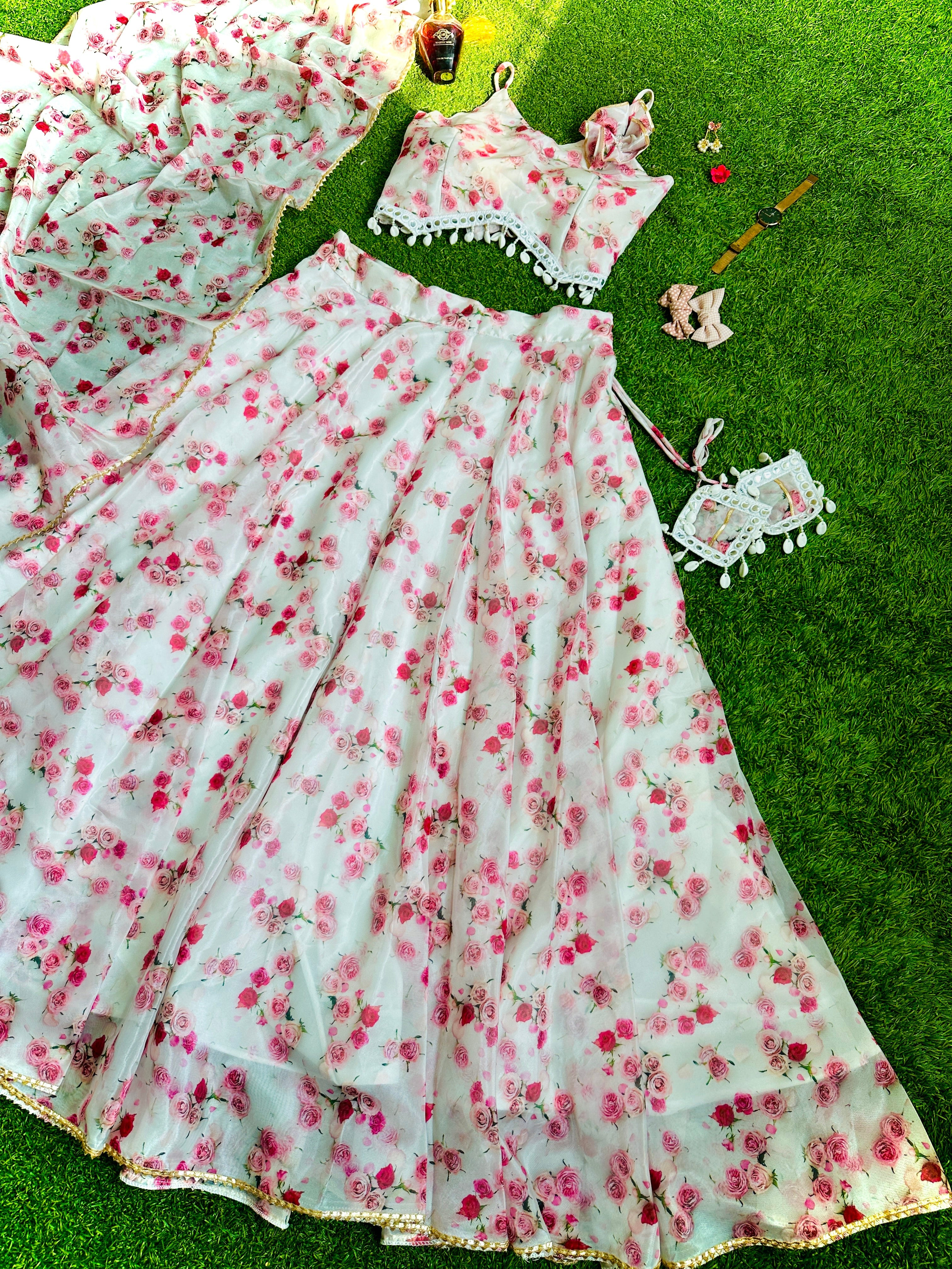 Beautiful Print White Color Organza Lehenga Choli