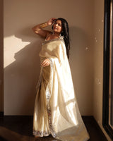 Ivory Shimmer Saree with Mirror Work Border & Designer Blouse