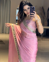 Ivory Shimmer Saree with Mirror Work Border & Designer Blouse