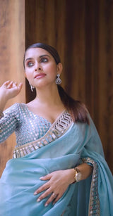 Ivory Shimmer Saree with Mirror Work Border & Designer Blouse