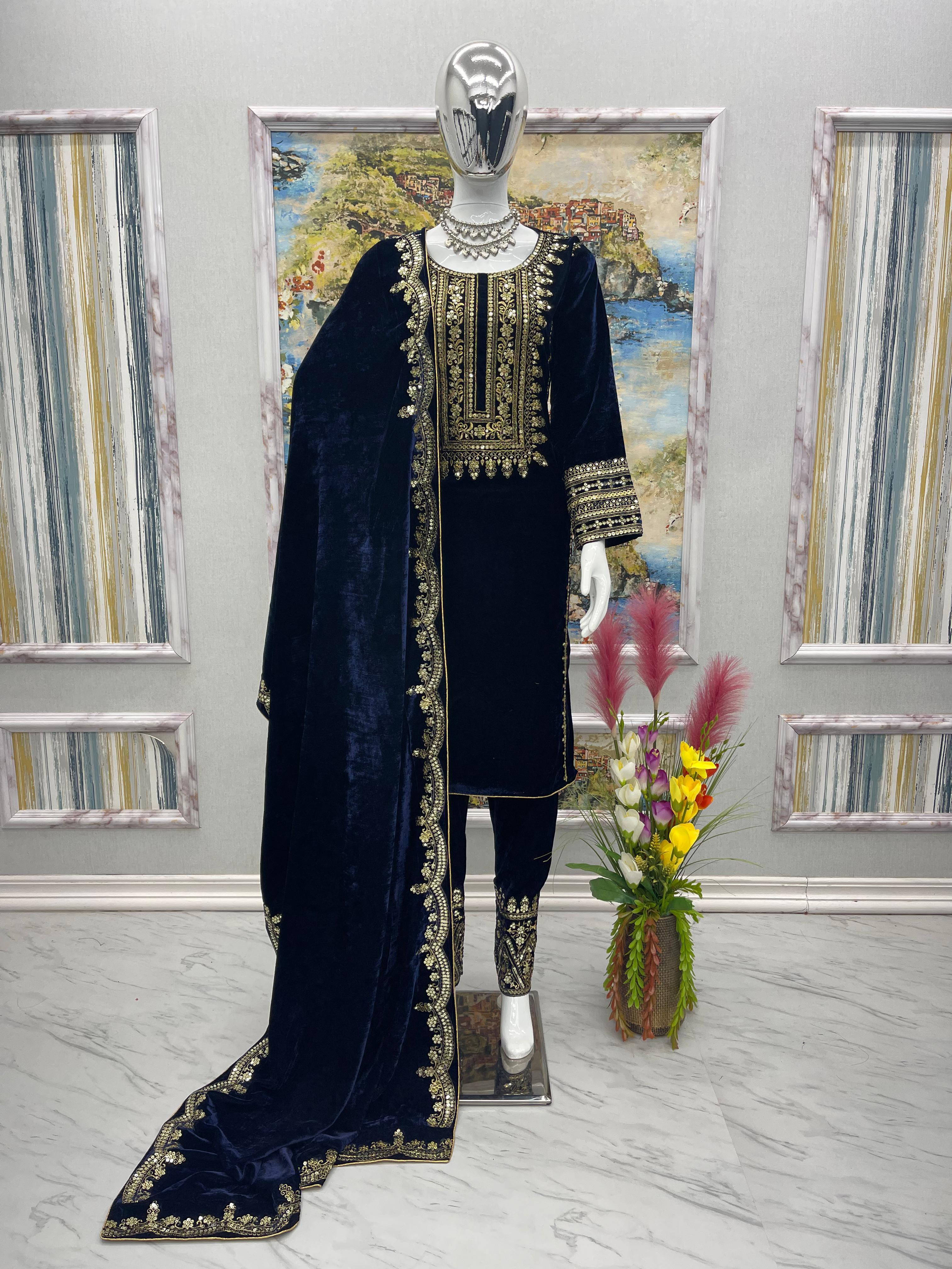 Amazing  Design Blue  Color Viscose Velvet Salwar Suit