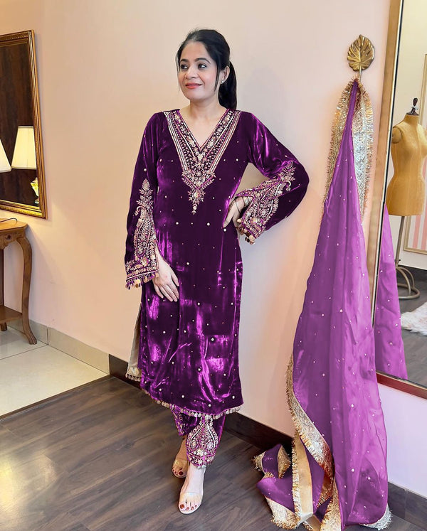 Fabulous Pink Color Velvet Sequence Work With Rivet Moti Work Suit