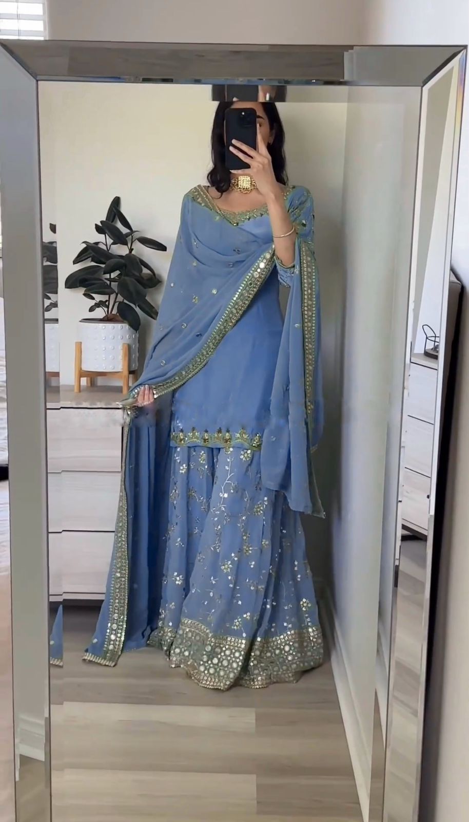 Blissful Embroidery Sequence Work Blue Color Top With Sharara
