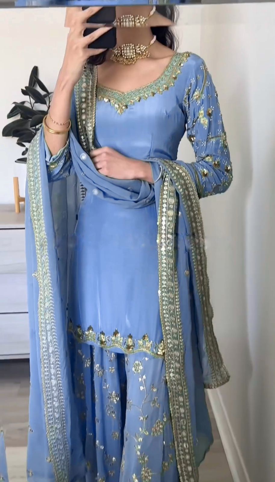 Blissful Embroidery Sequence Work Blue Color Top With Sharara