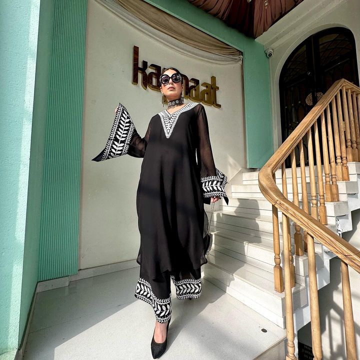 Alluring Chine Stitched Work Black Color Plazzo Suit