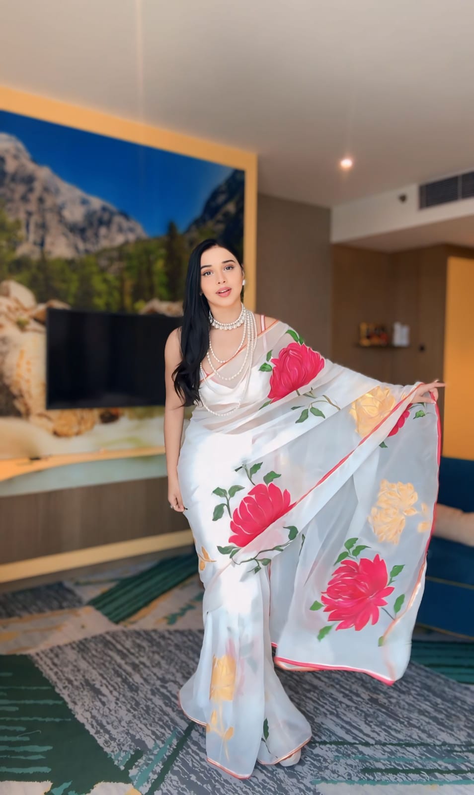 Beautiful White Color Rose Design Raday To Wear Saree