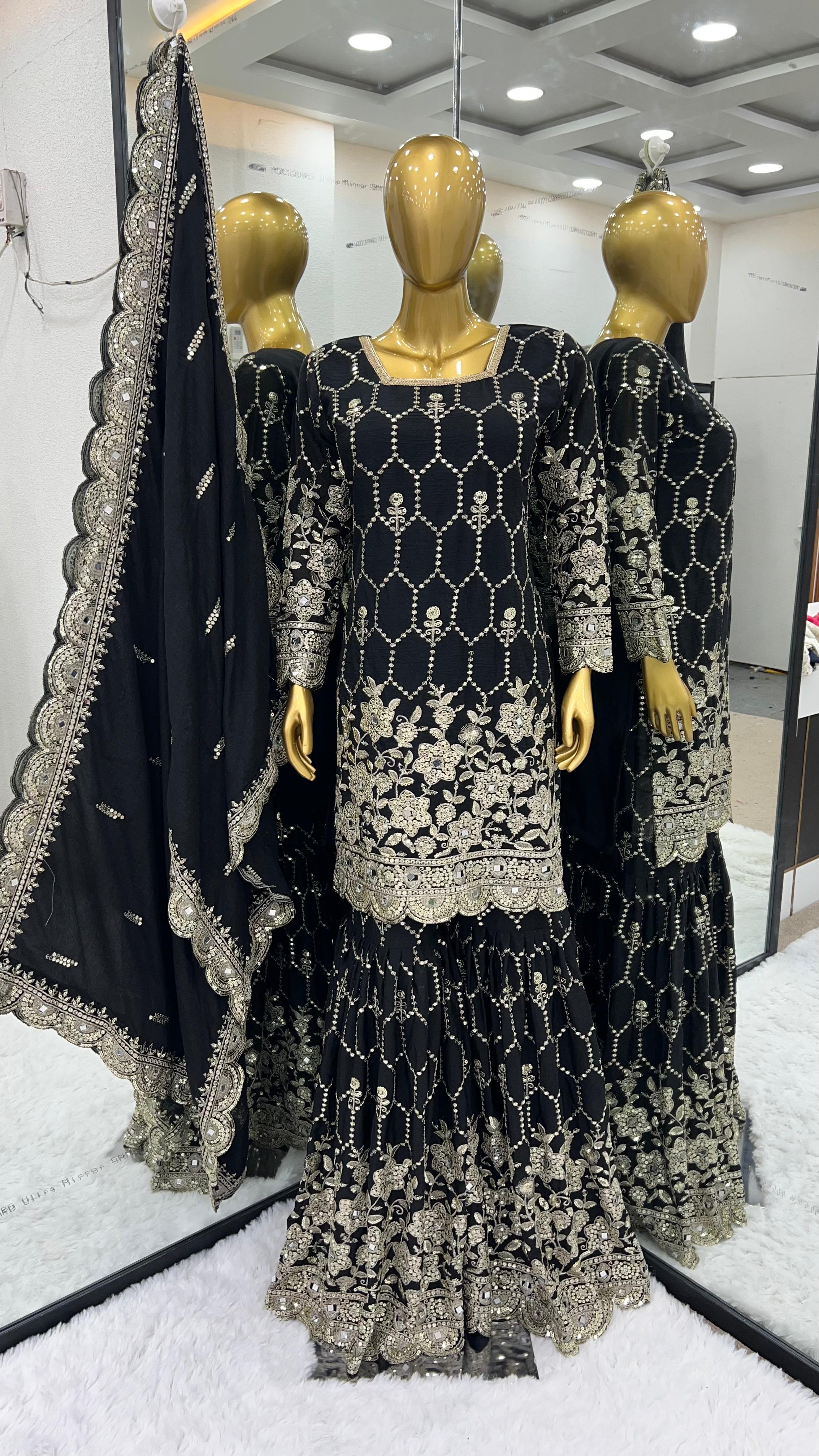 Gorgeous Embroidery Sequence Work Black  Color Sharara Suit