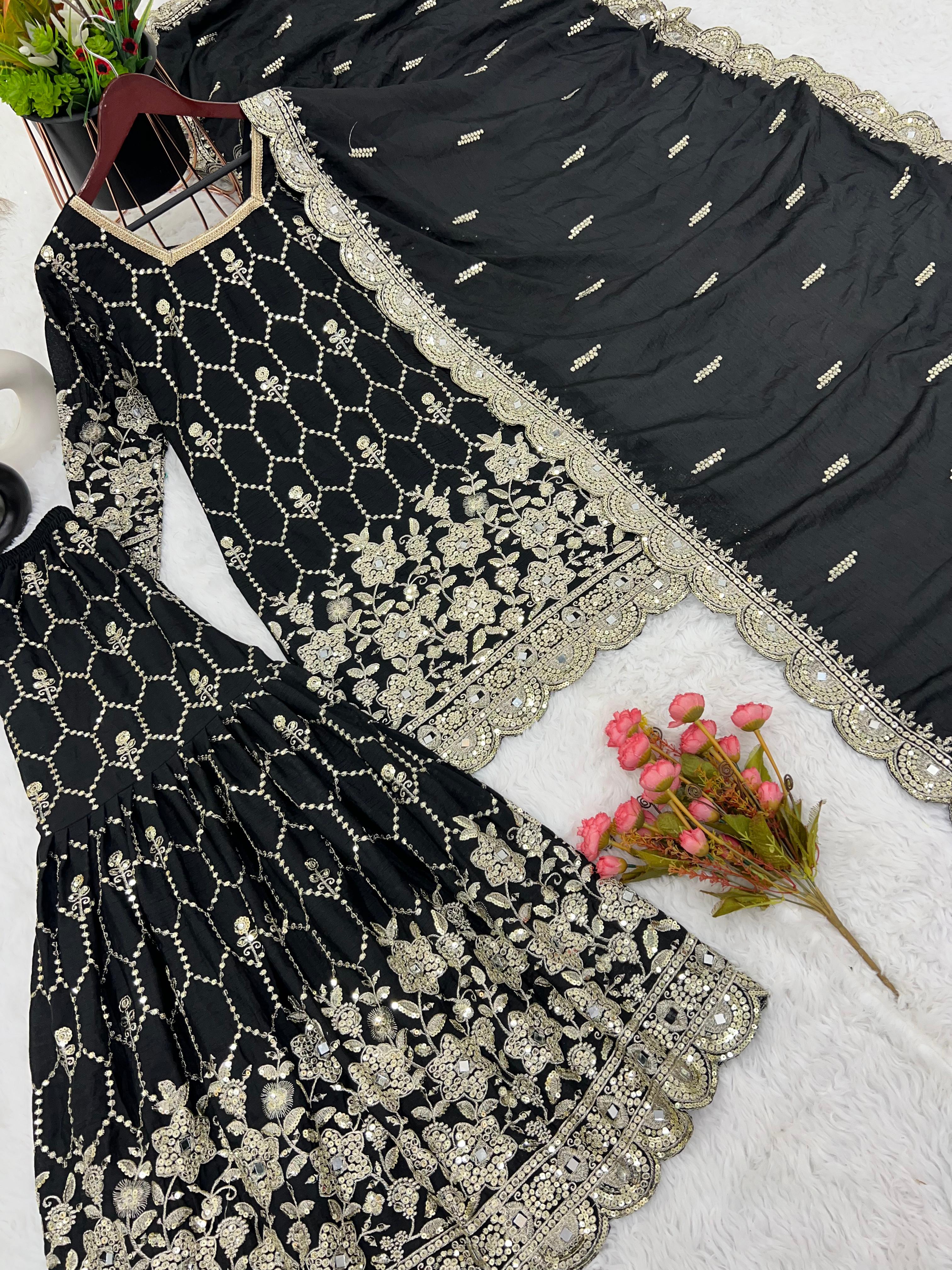 Gorgeous Embroidery Sequence Work Black  Color Sharara Suit