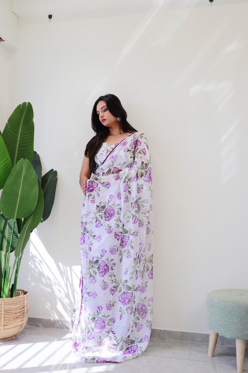 Classic  Buti Design White Color Ready To Wear Saree