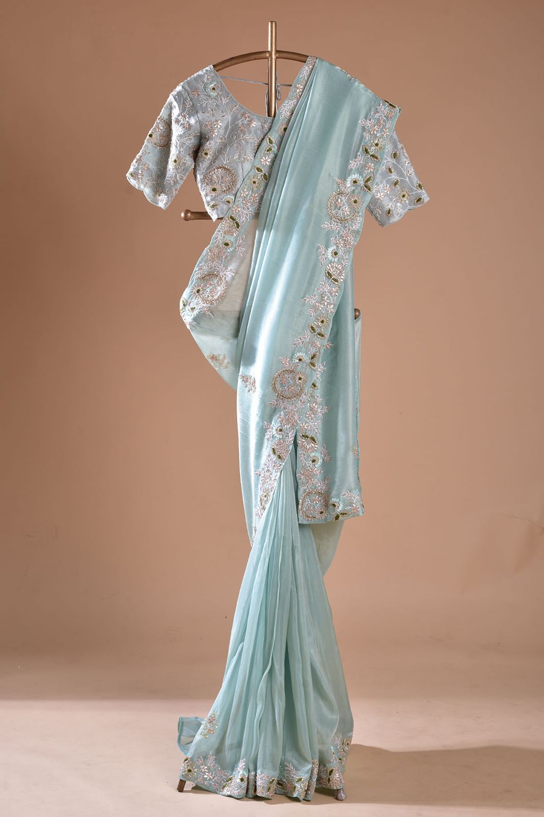 Embellished Embroidery Sky Blue Color Saree