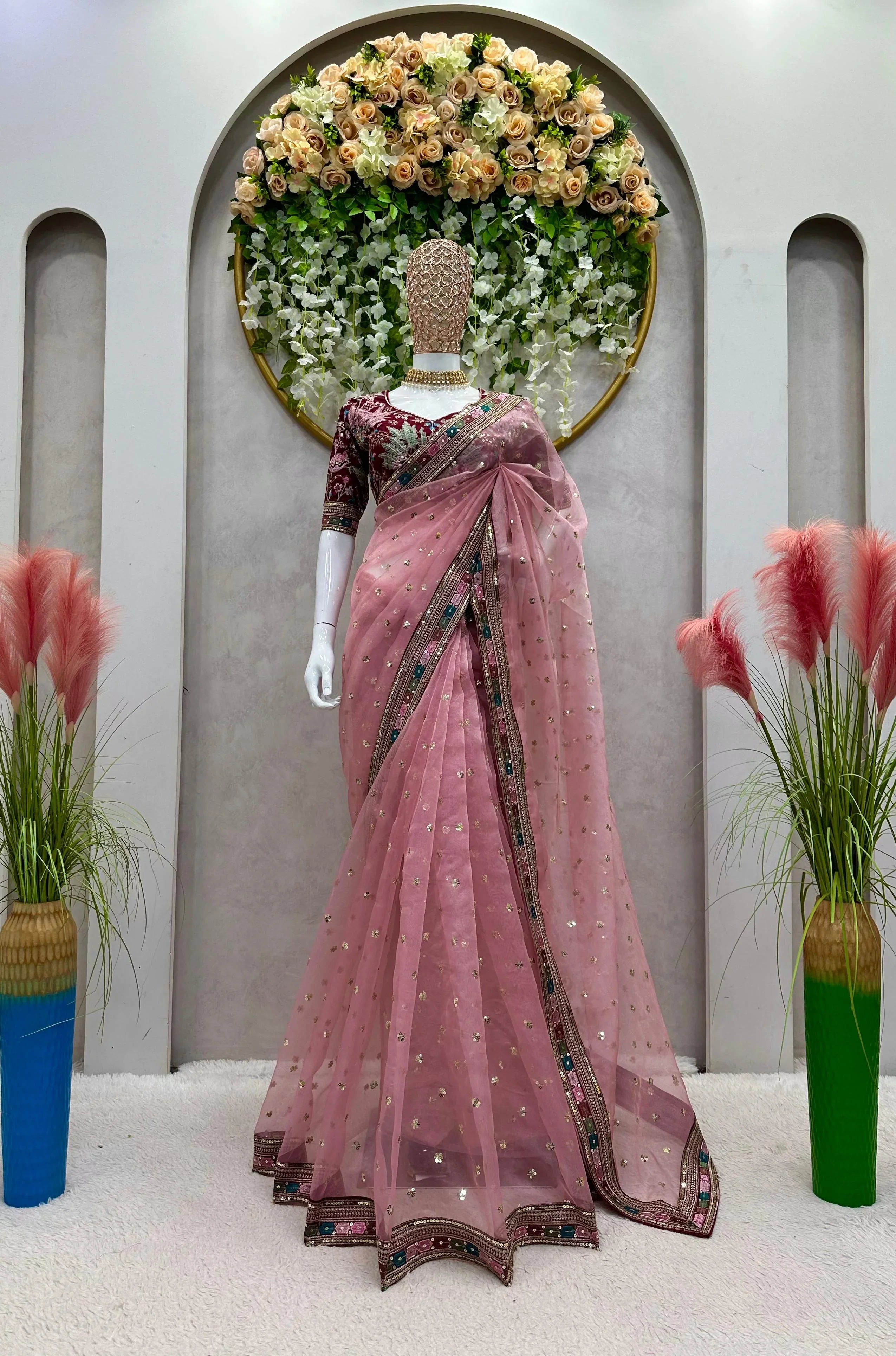 Outstanding Thread Work Organza Pech Color Saree
