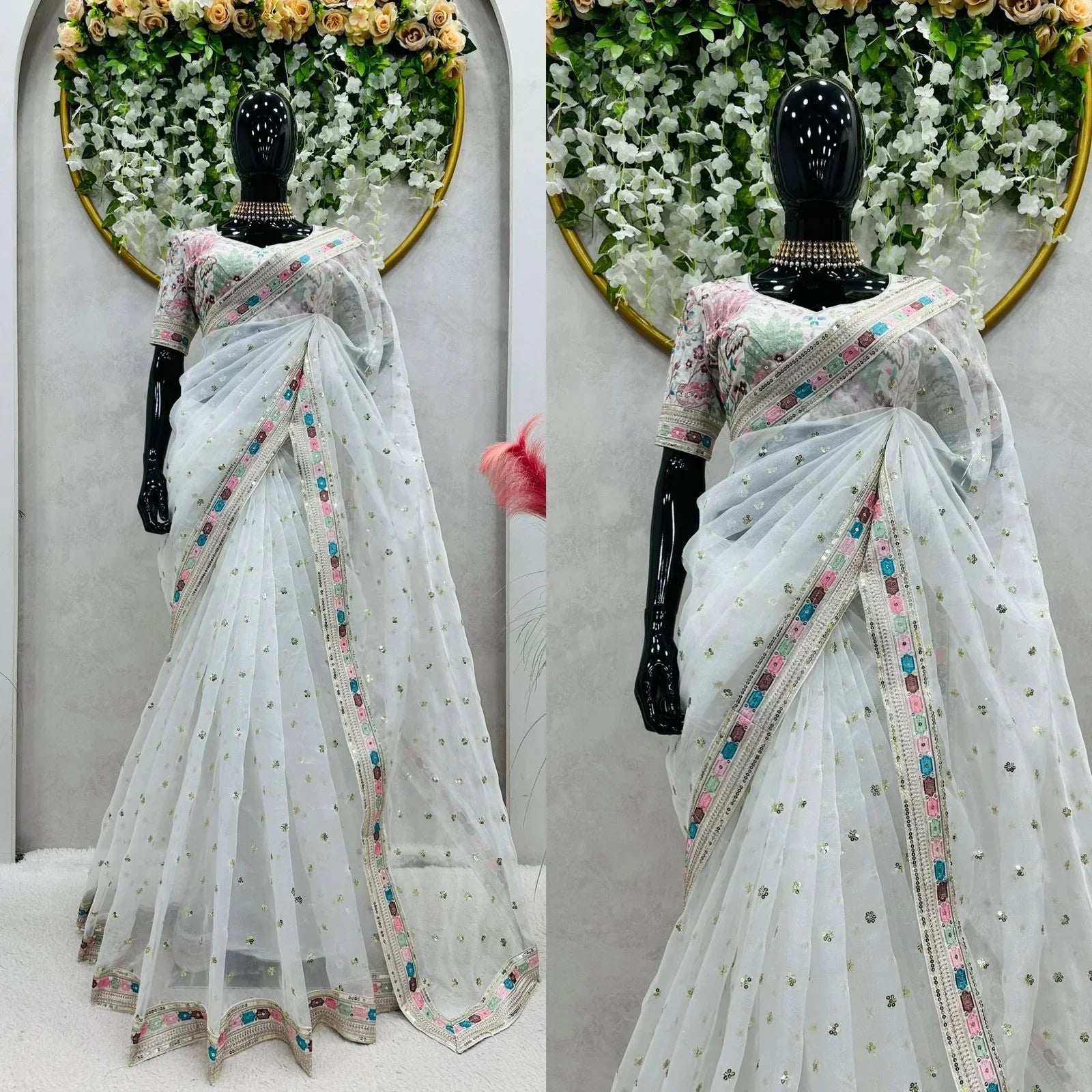 Outstanding Thread Work Organza White Color Saree