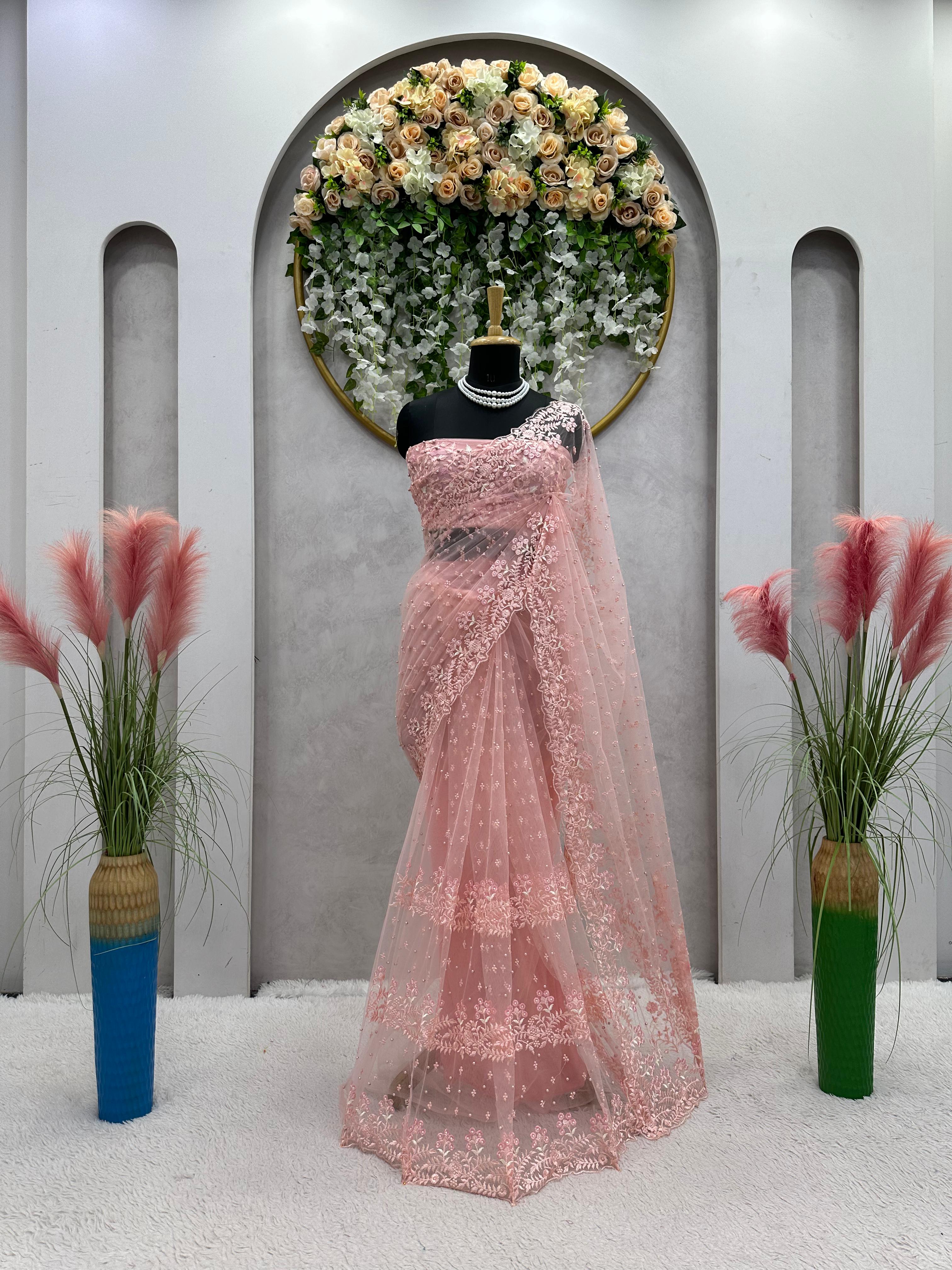 Exclusive Pin Color Pearl Work Net Saree