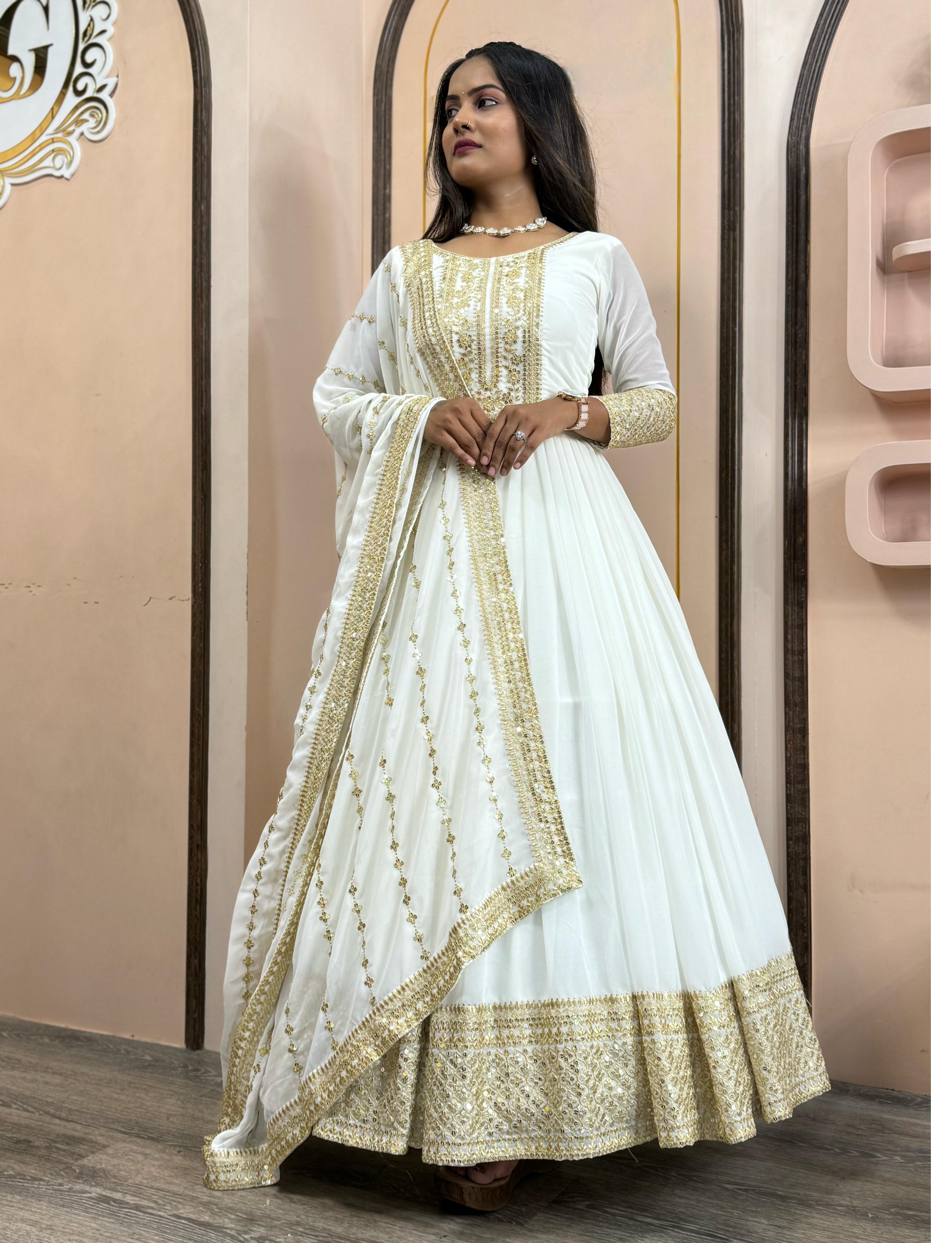 Shining Golden Sequence Work Long White Gown WIth Dupatta – Ethenora