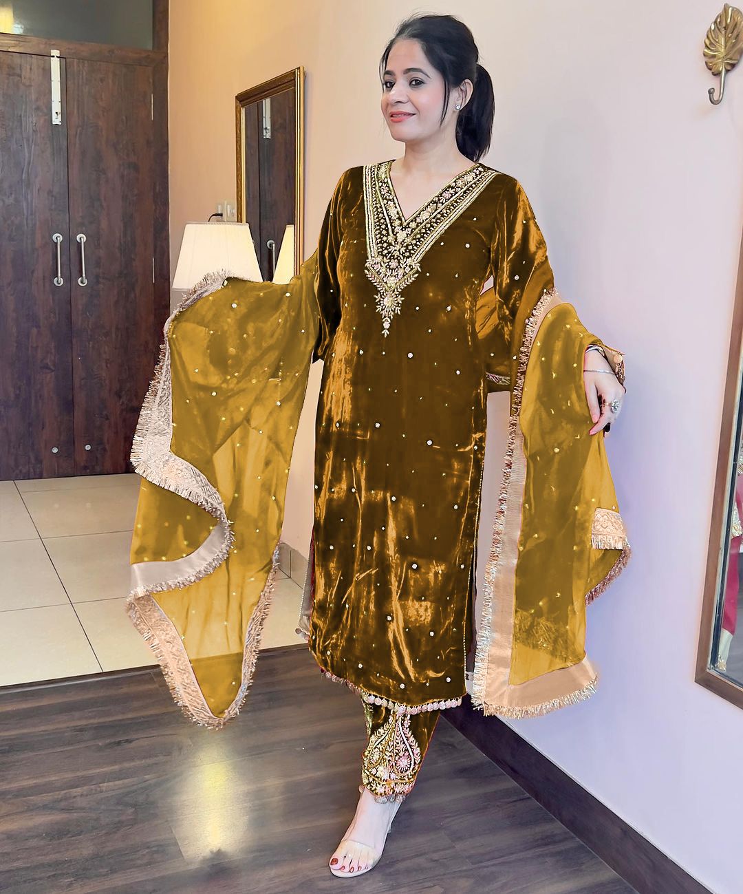 Fabulous Mehndi Color Velvet Sequence Work With Rivet Moti Work Suit