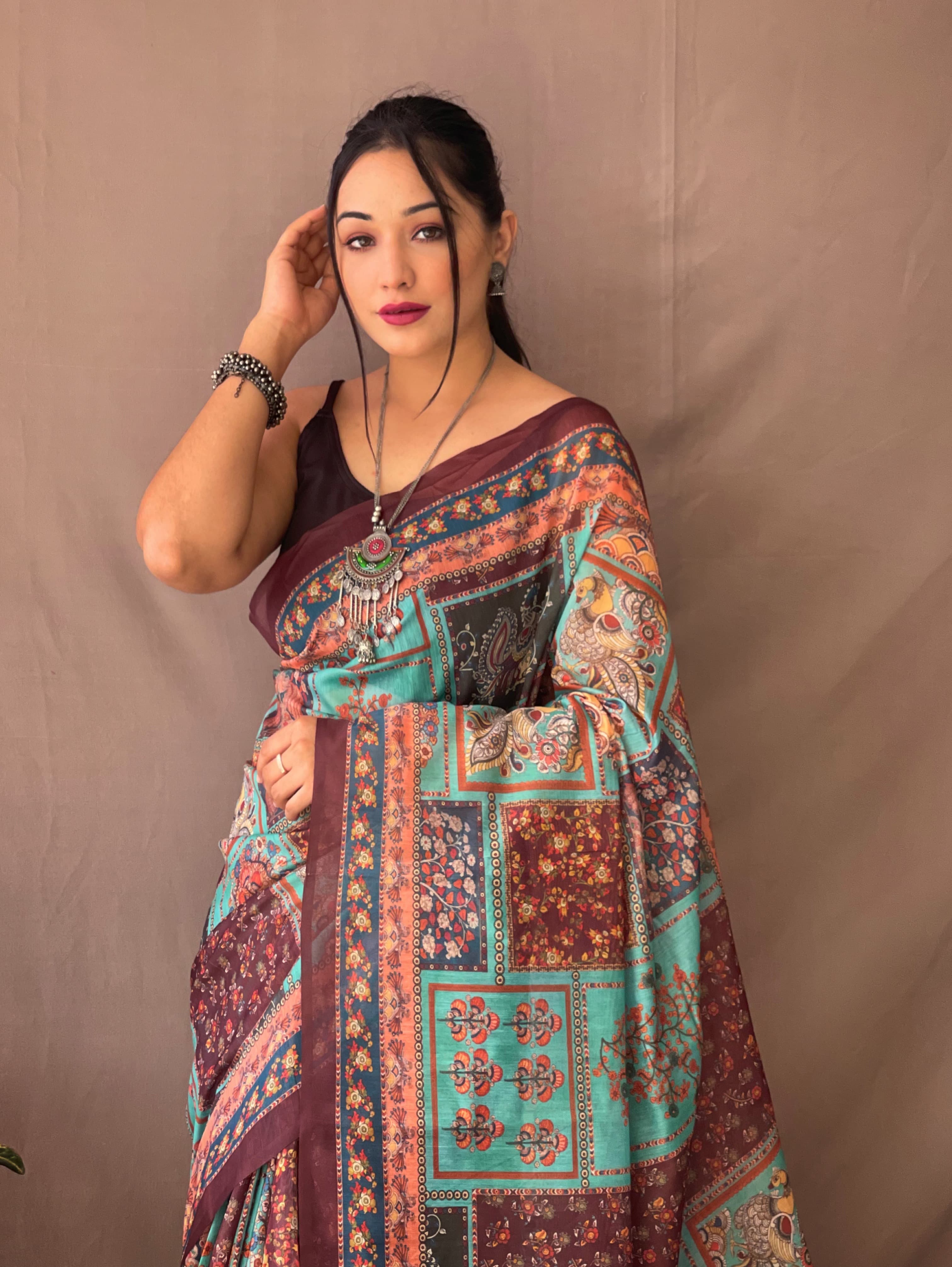 Blissful KALAMKARI PRINTS Sky Blue Color Saree