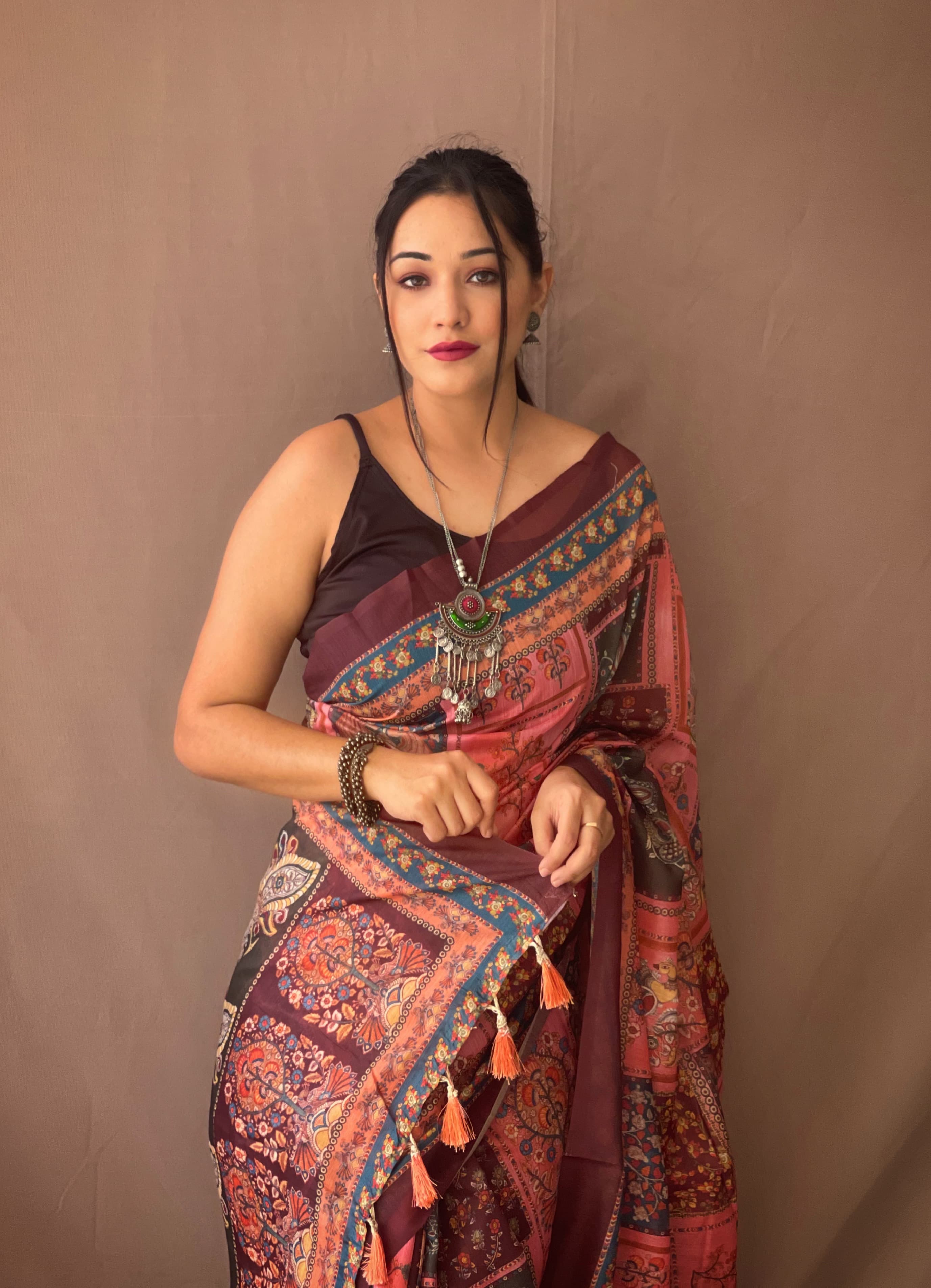 Blissful KALAMKARI PRINTS  Orange Color Saree