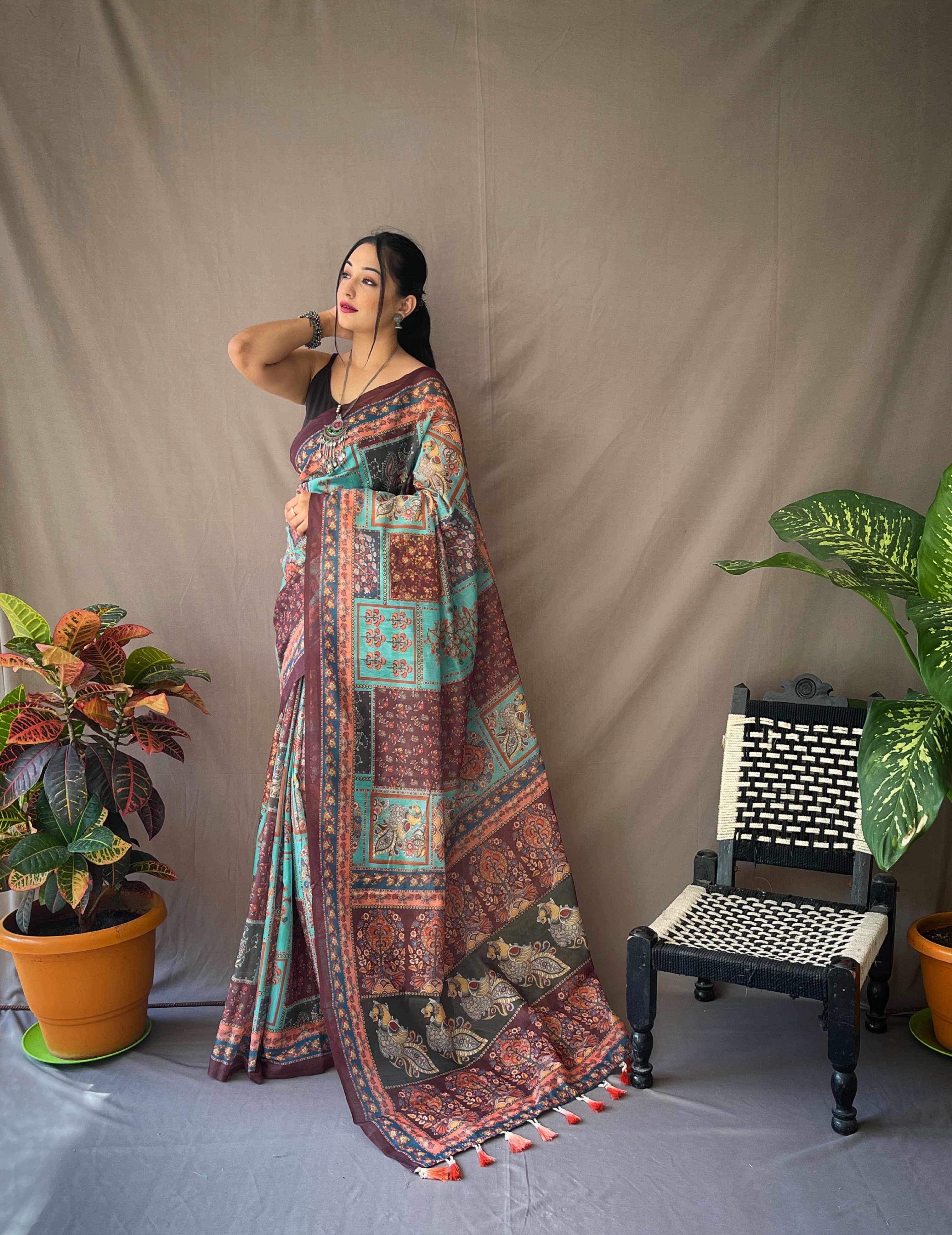 Blissful KALAMKARI PRINTS Sky Blue Color Saree