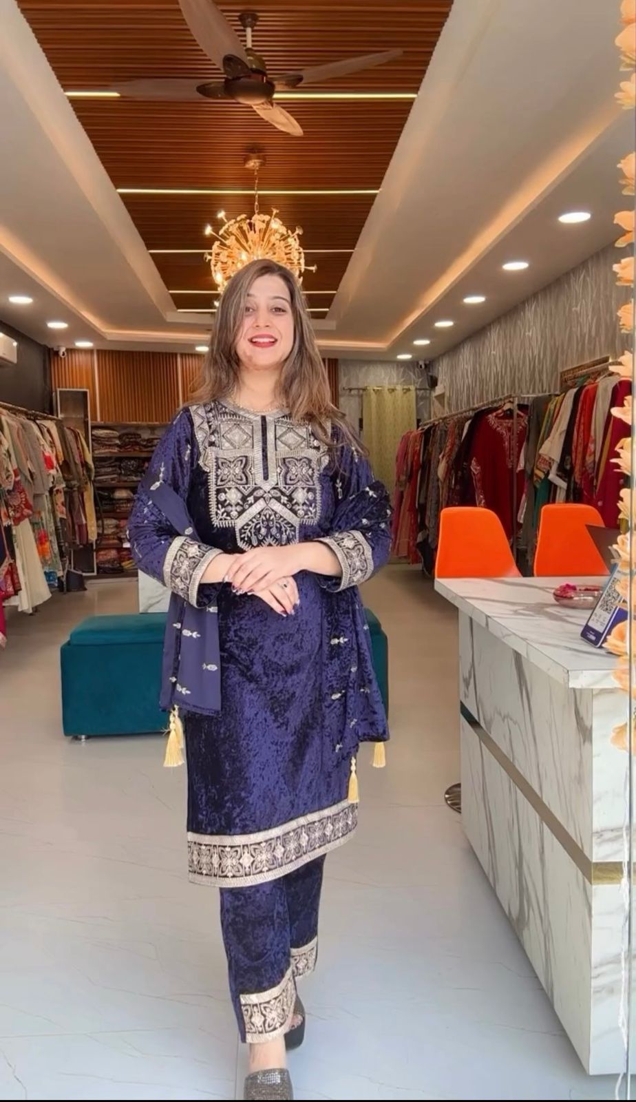 Traditional Wear Navy Blue Color Velvet Salwar Suit