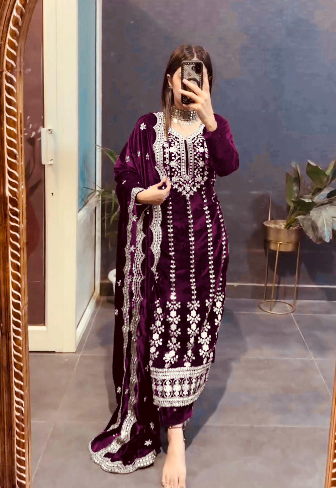 Beautiful Wine Color Velvet 5mm Sequence Work Salwar Suit