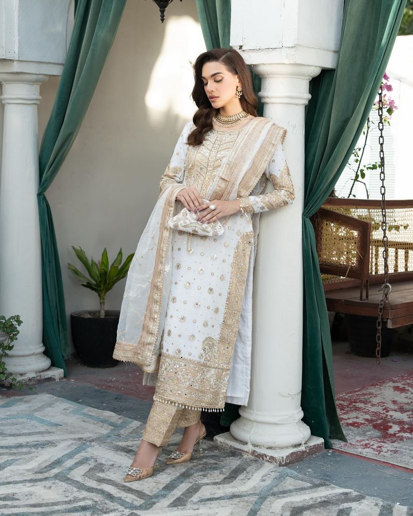 Precious Embroidery Sequence Velvet White Color Salwar Suit