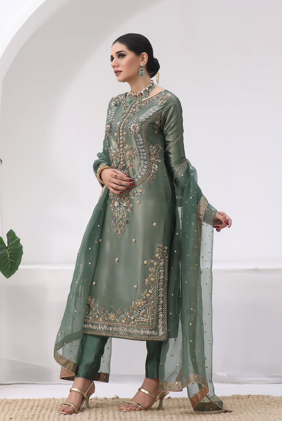 Alluring Pista Silk Embroidery Anarkali Suit