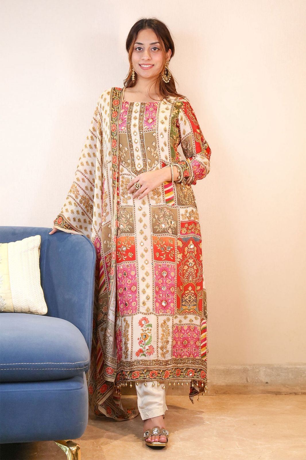 Stylish Multicolor Chinon Silk Digital Printed Straight Salwar Suit