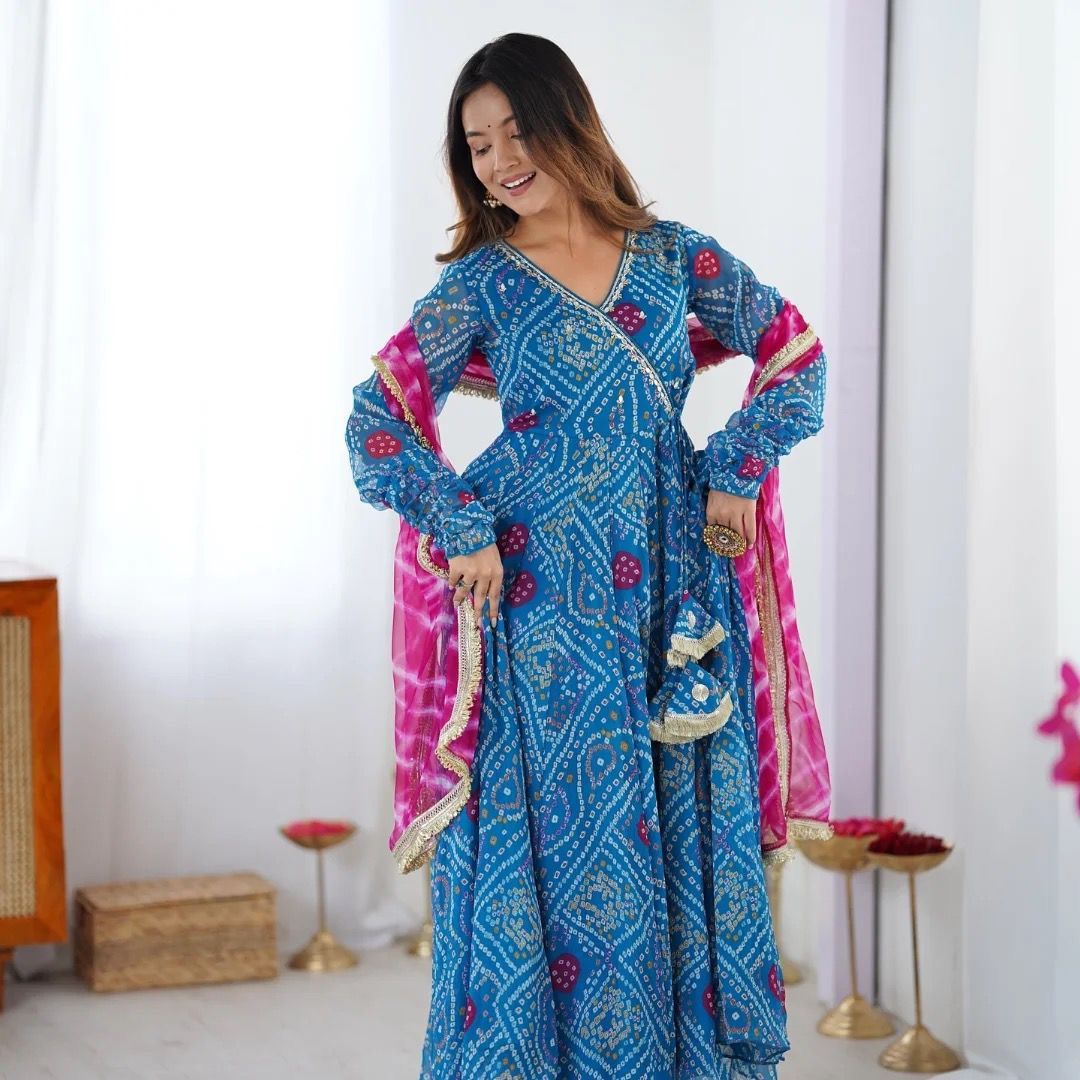 Admiring Blue Georgette Embroidery Work Gown