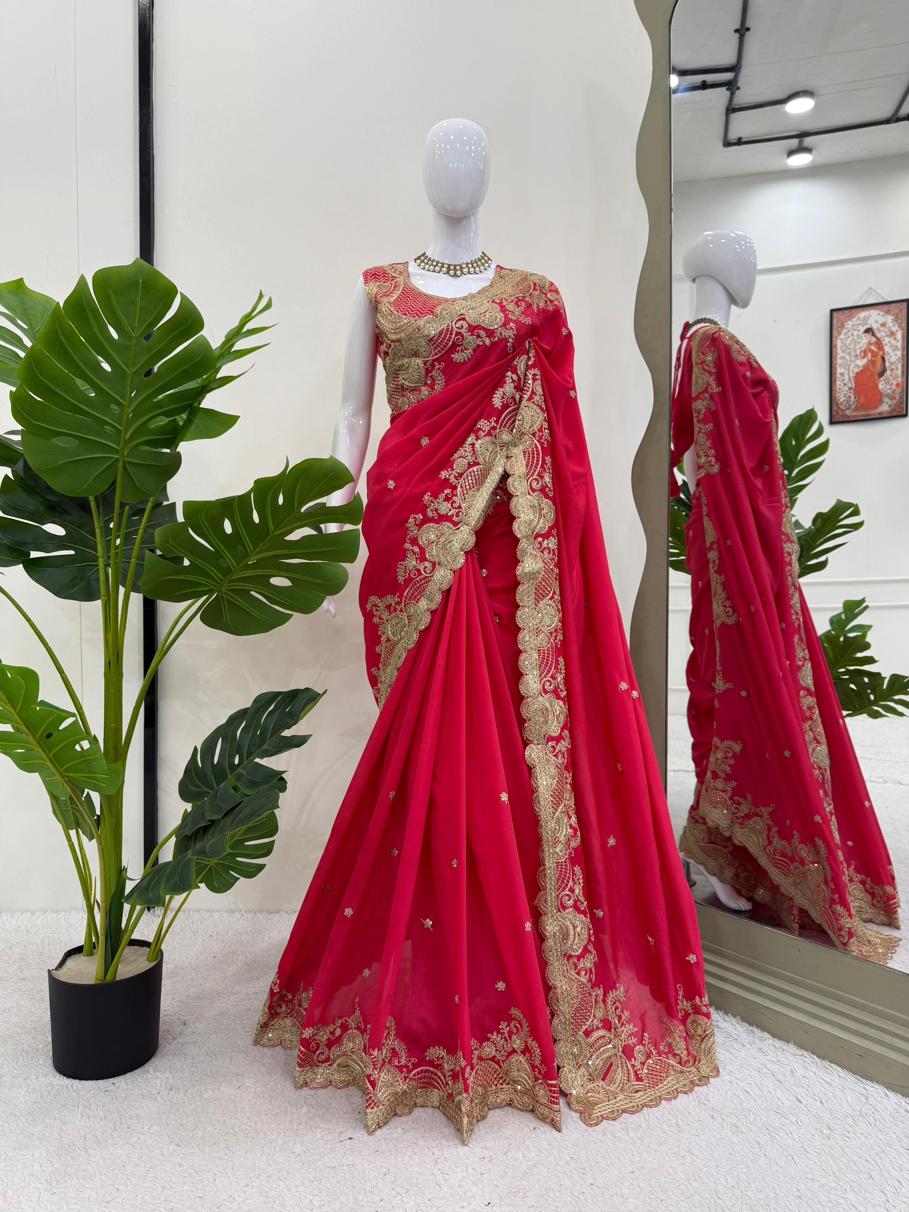 Sequence Work Red Color Mesmerizing Silk Saree