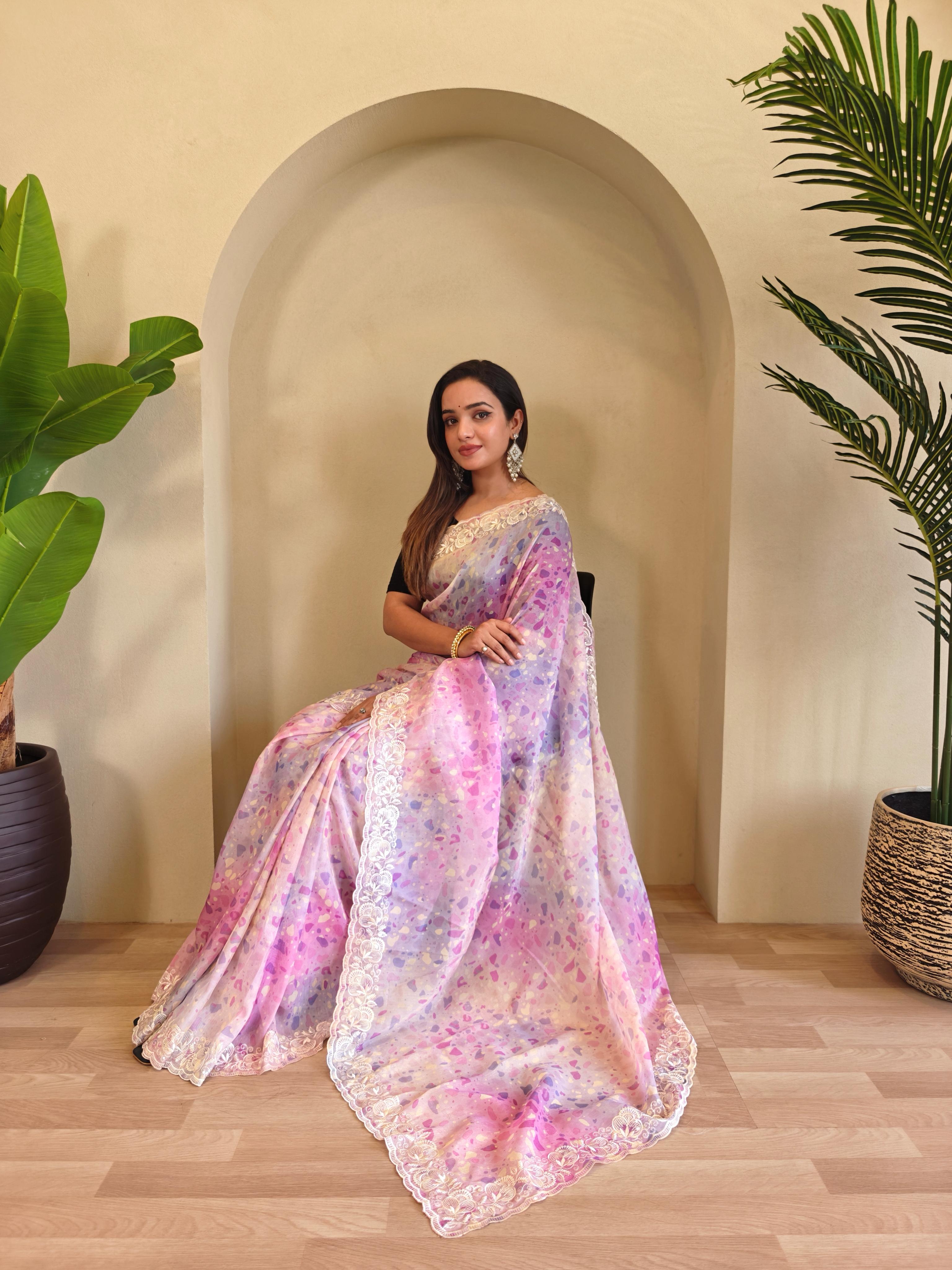 Casual Wear Light Pink Color Digital Print Organza Saree