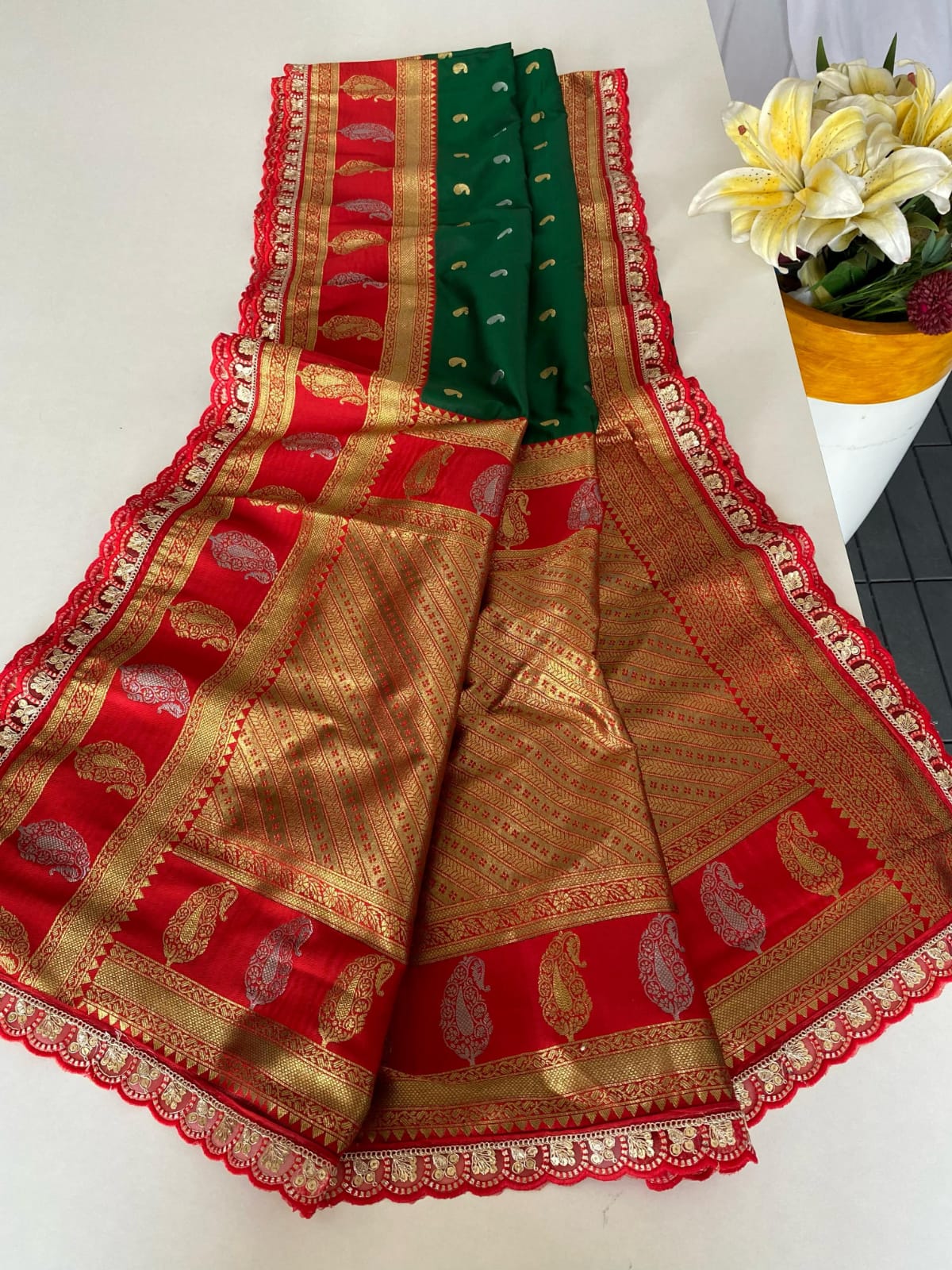 Occasion Wear Keri Design Green Color Silk Saree