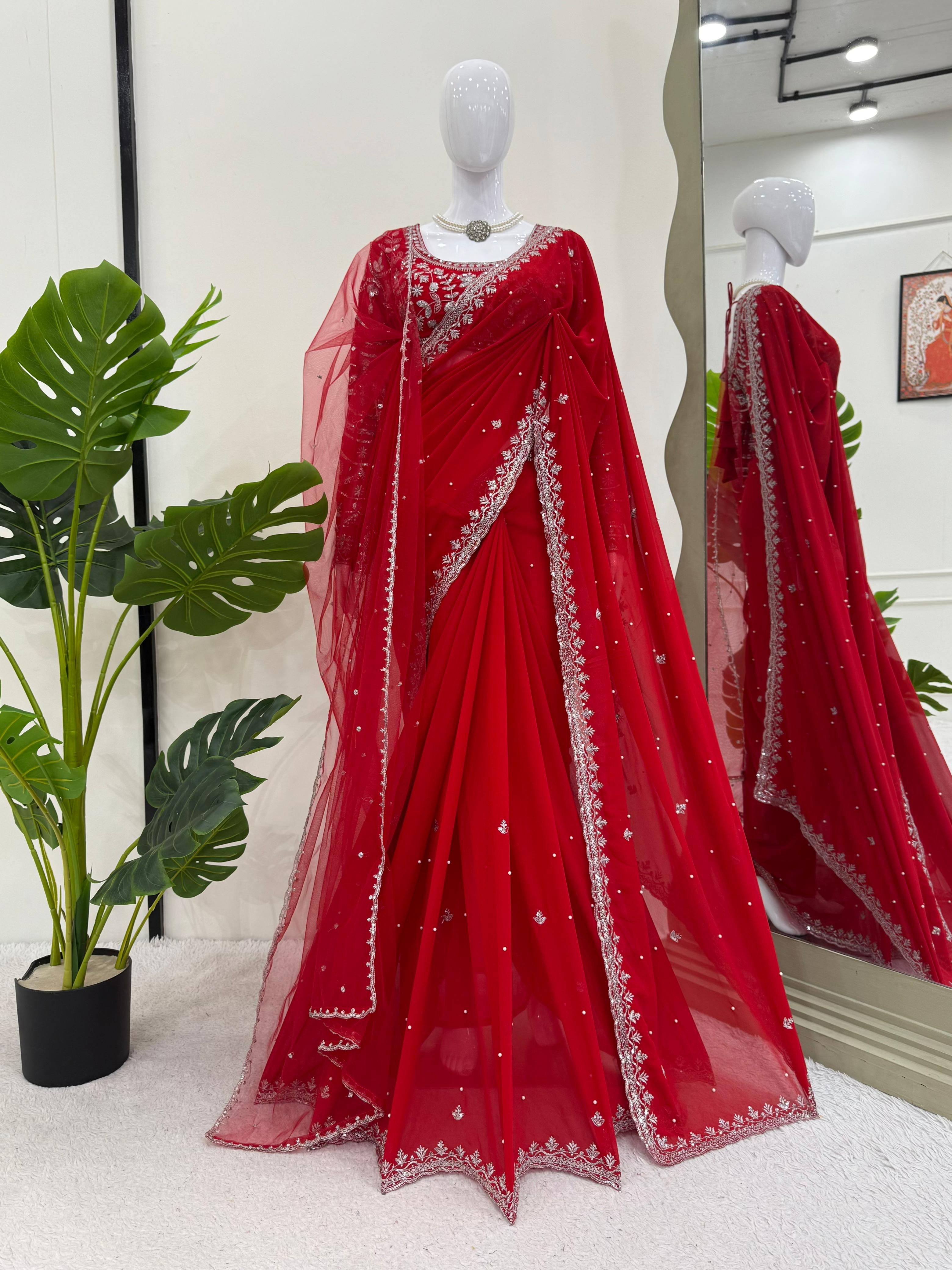 Sequence With Pearl Work Red Color Embellished Net Saree