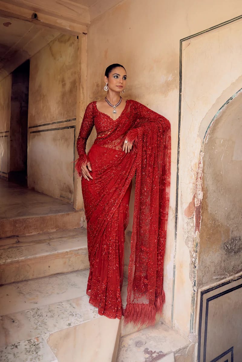 Butterfly Net Red Color Sequence Work Saree