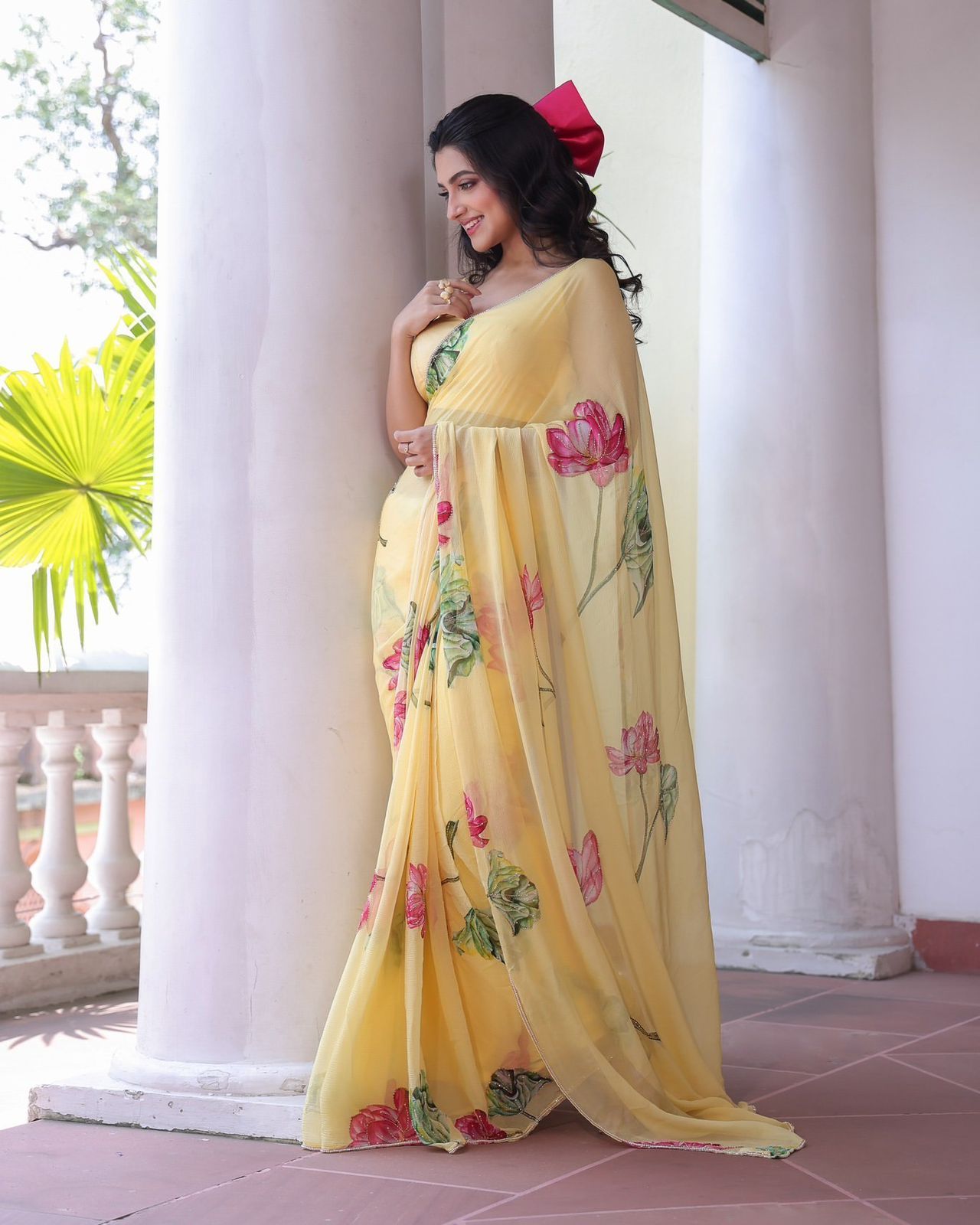 Stylish Yellow Tabby Silk With Floral Printed Saree