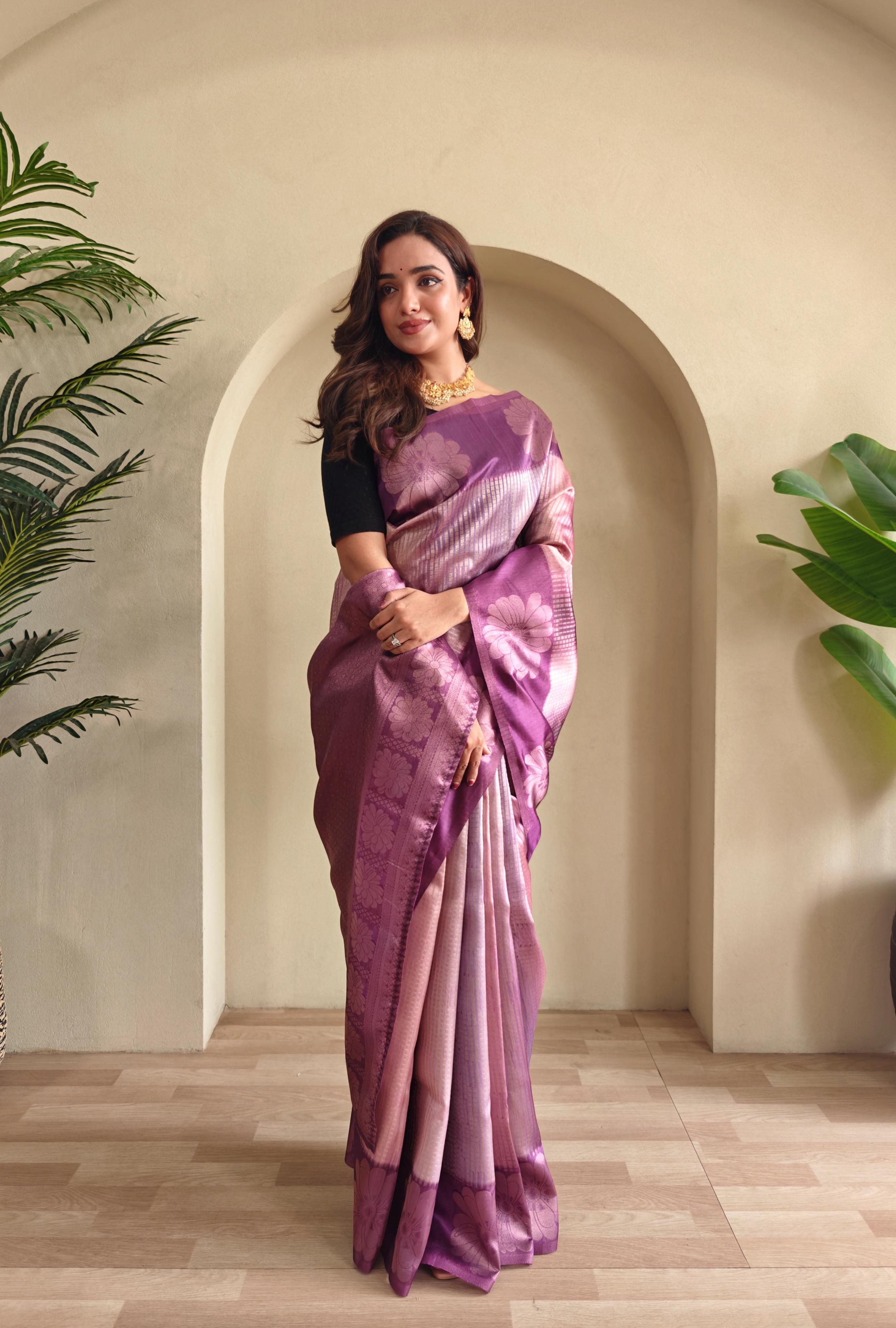 Wine Color Flower Print Silk Saree