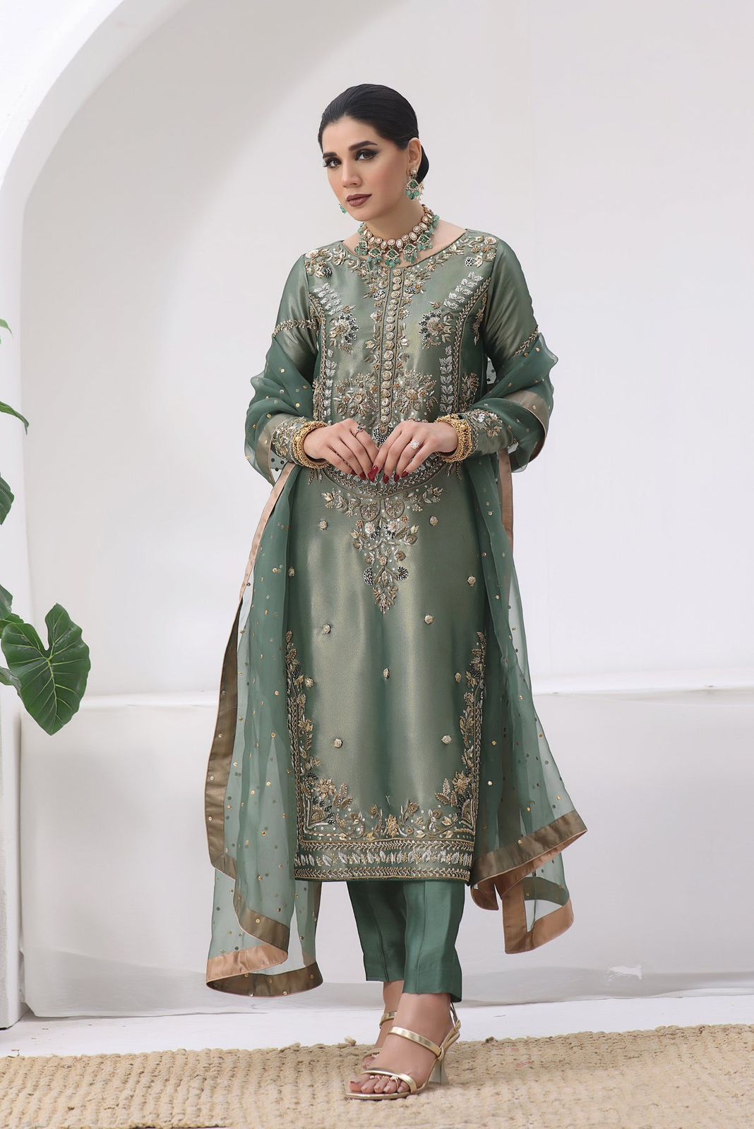 Alluring Pista Silk Embroidery Anarkali Suit