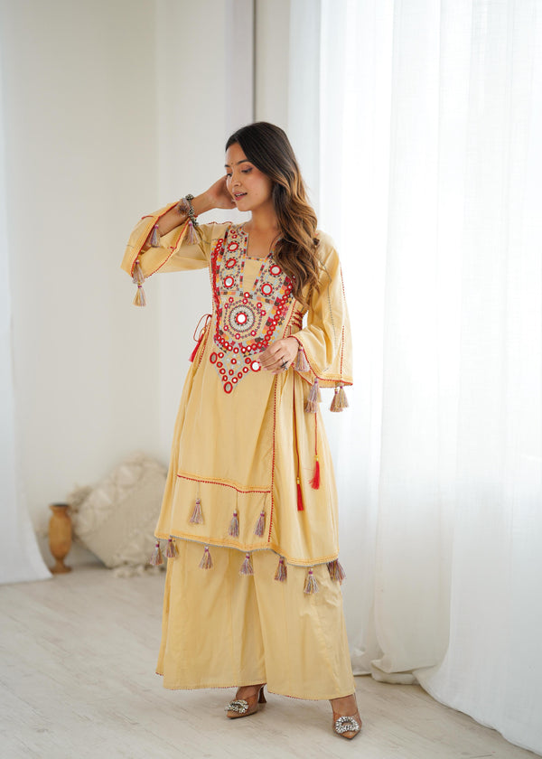 Glorious Yellow Color Embroidery Work Co-ord Set