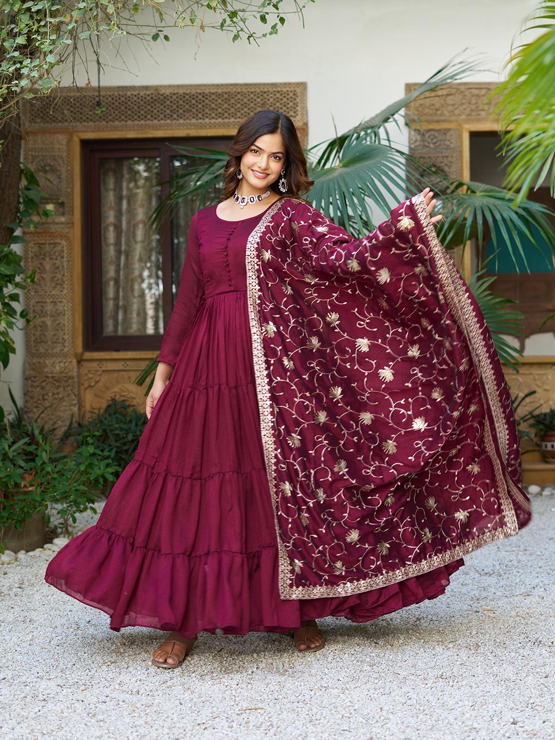 Traditional Wear Vichitra Silk Marron Color Gown
