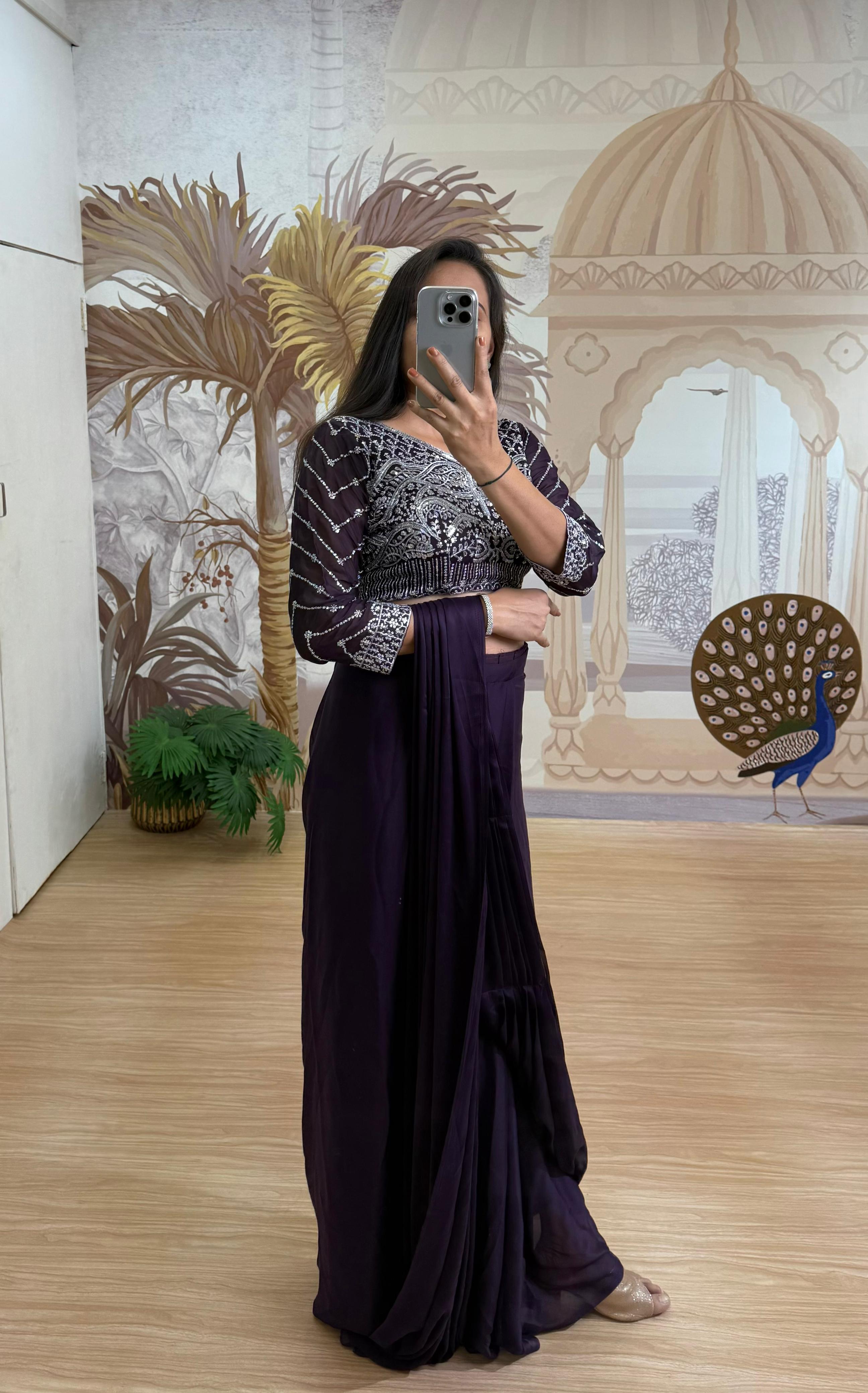 Wedding Wear Embroidery Work Purple Color Ready To Wear Saree