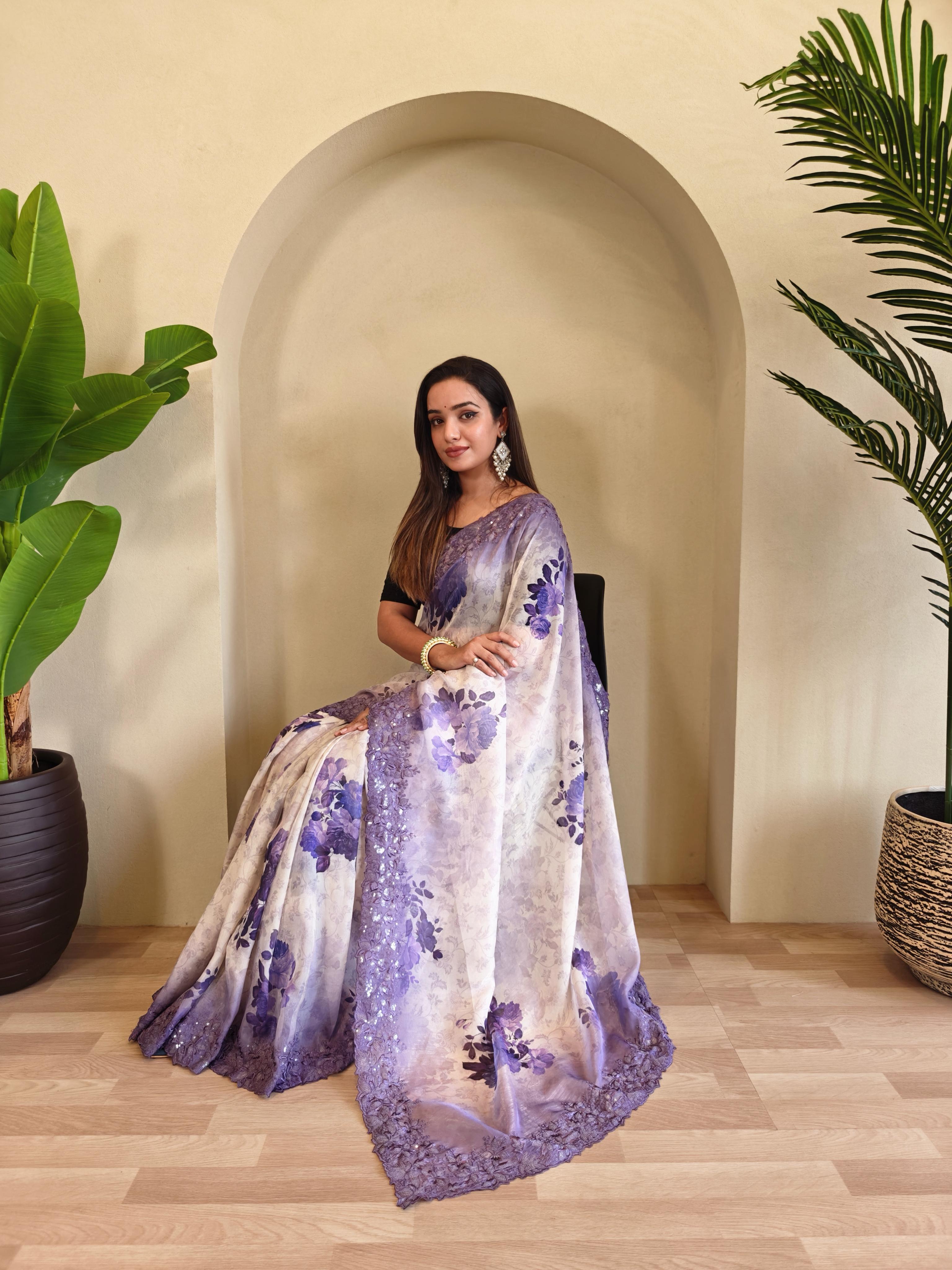 Casual Wear Purple Color Digital Print Organza Saree