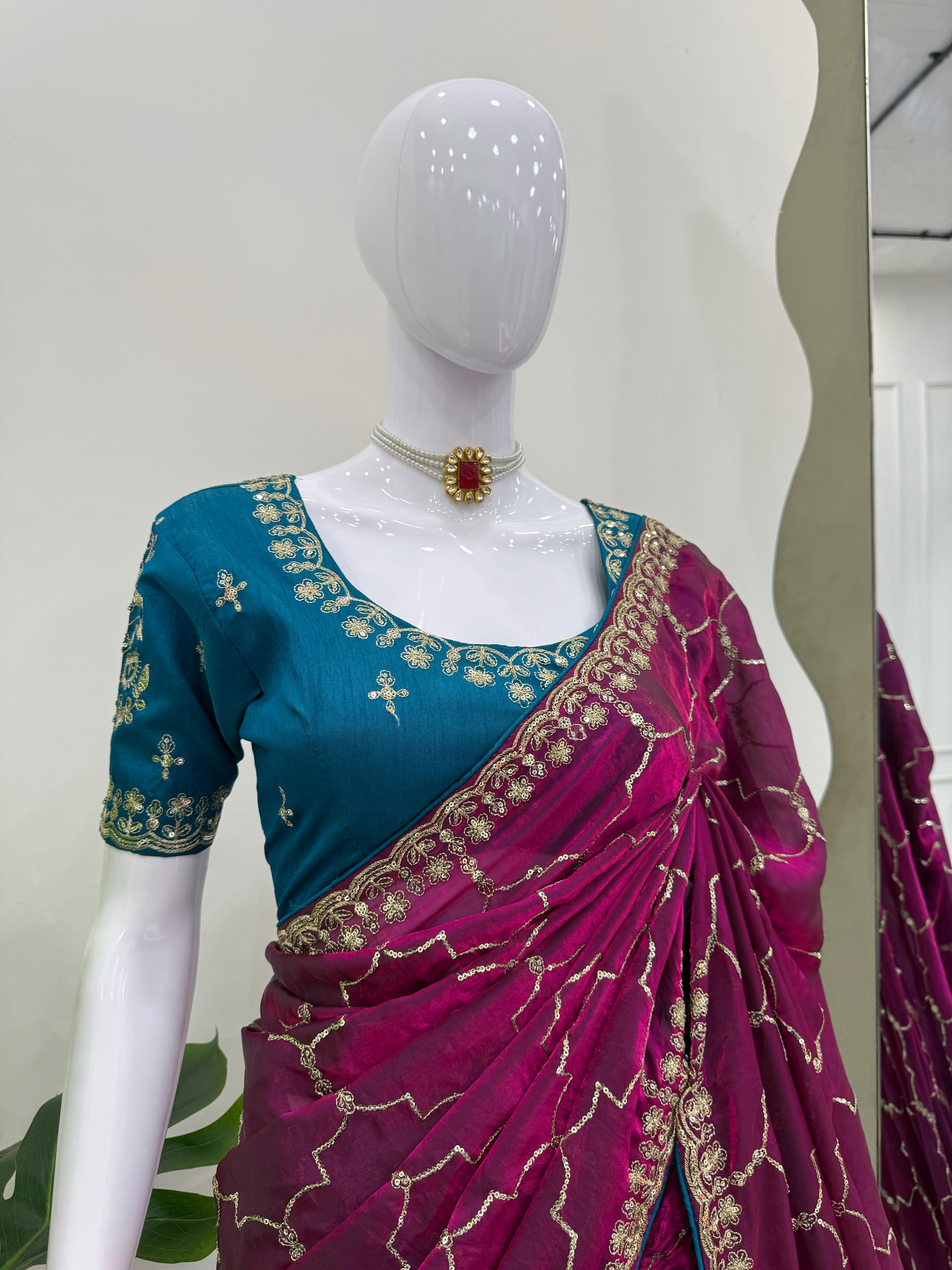 Wine Color Sequence Work Festive Wear Saree