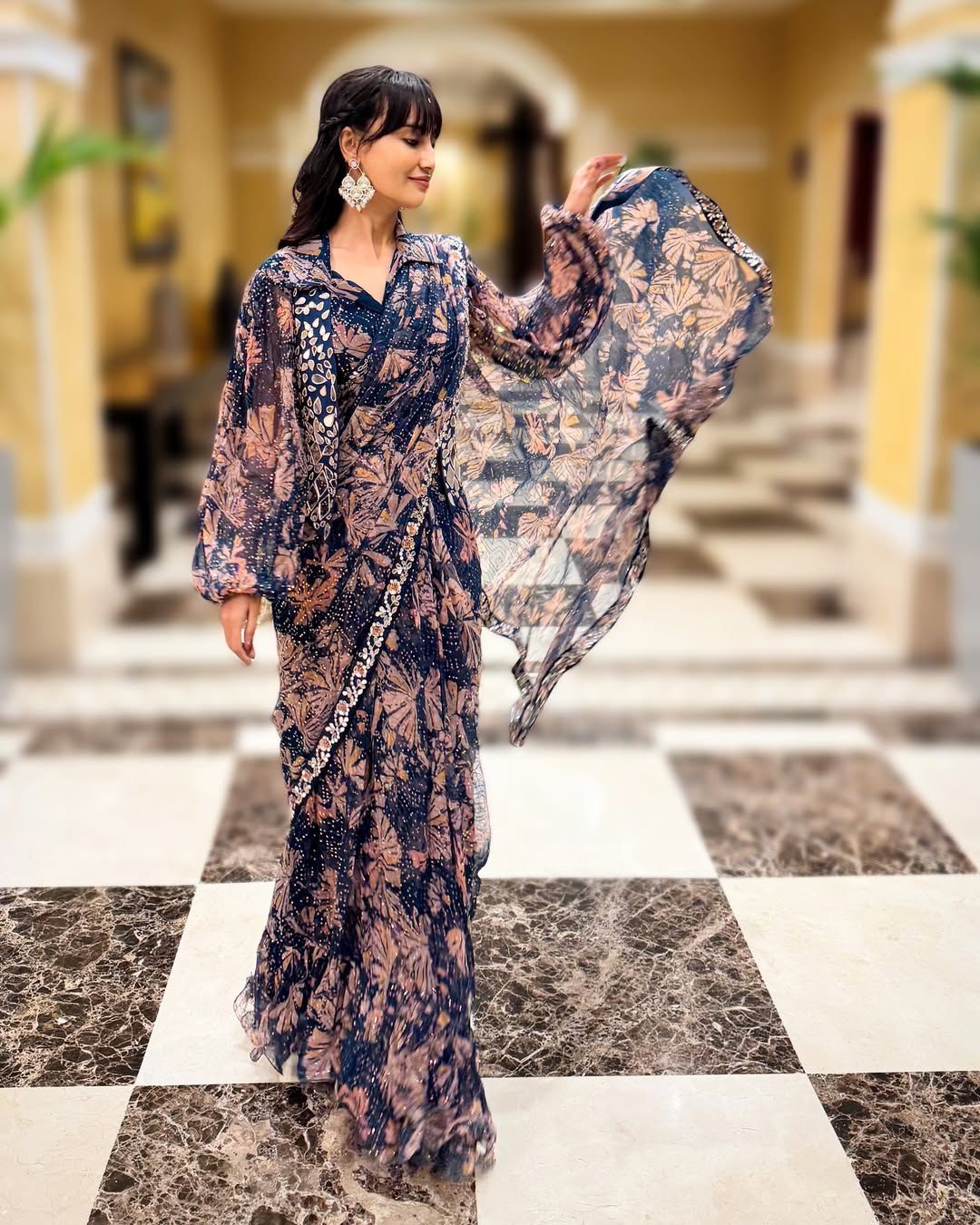 Ready To Wear Navy Blue Color Printed Saree With Koti