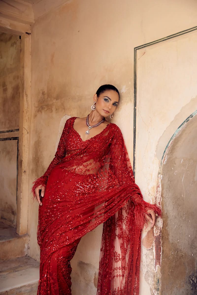 Butterfly Net Red Color Sequence Work Saree