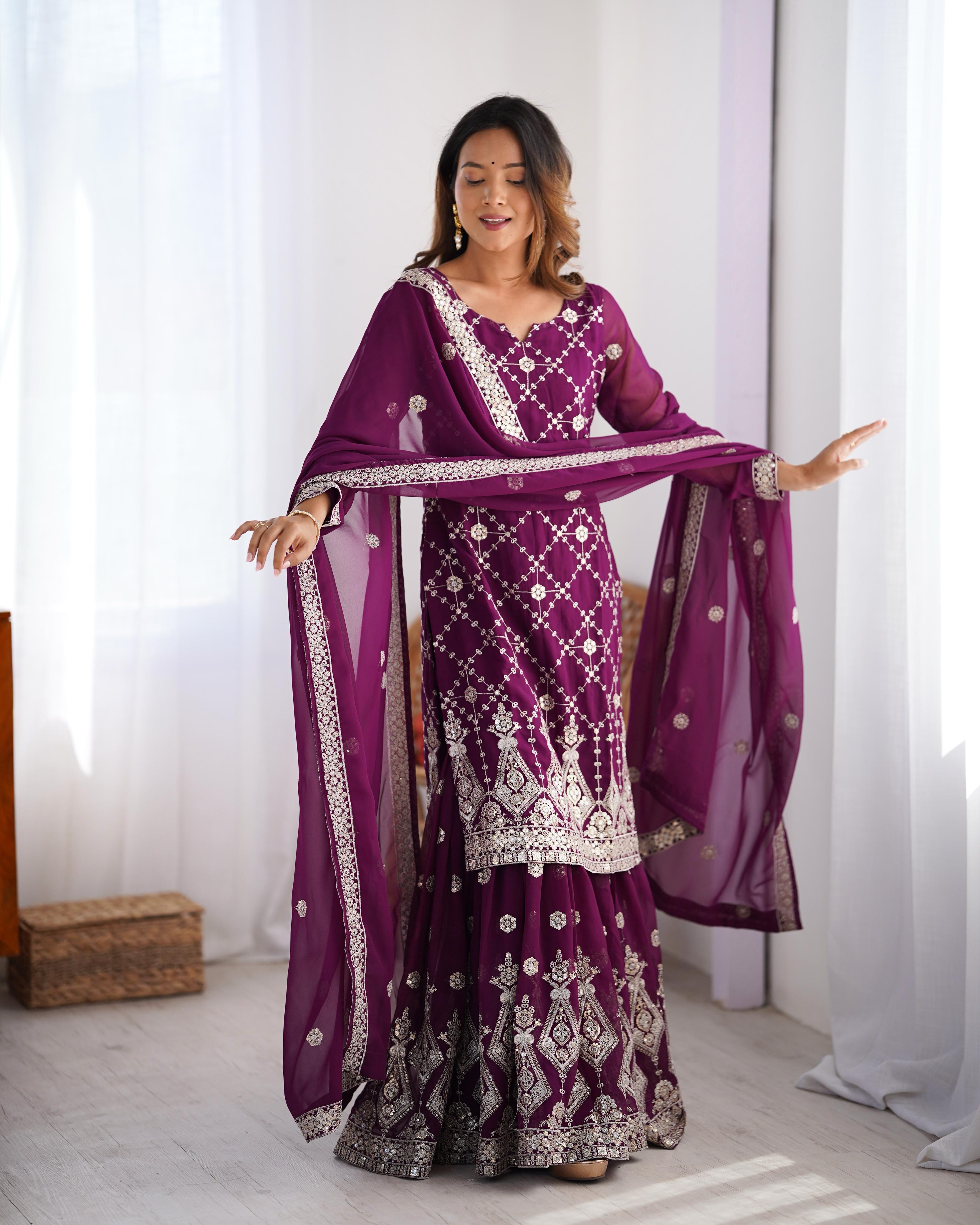 Adorable Georgette Thred Work Wine Color Sharara Suit